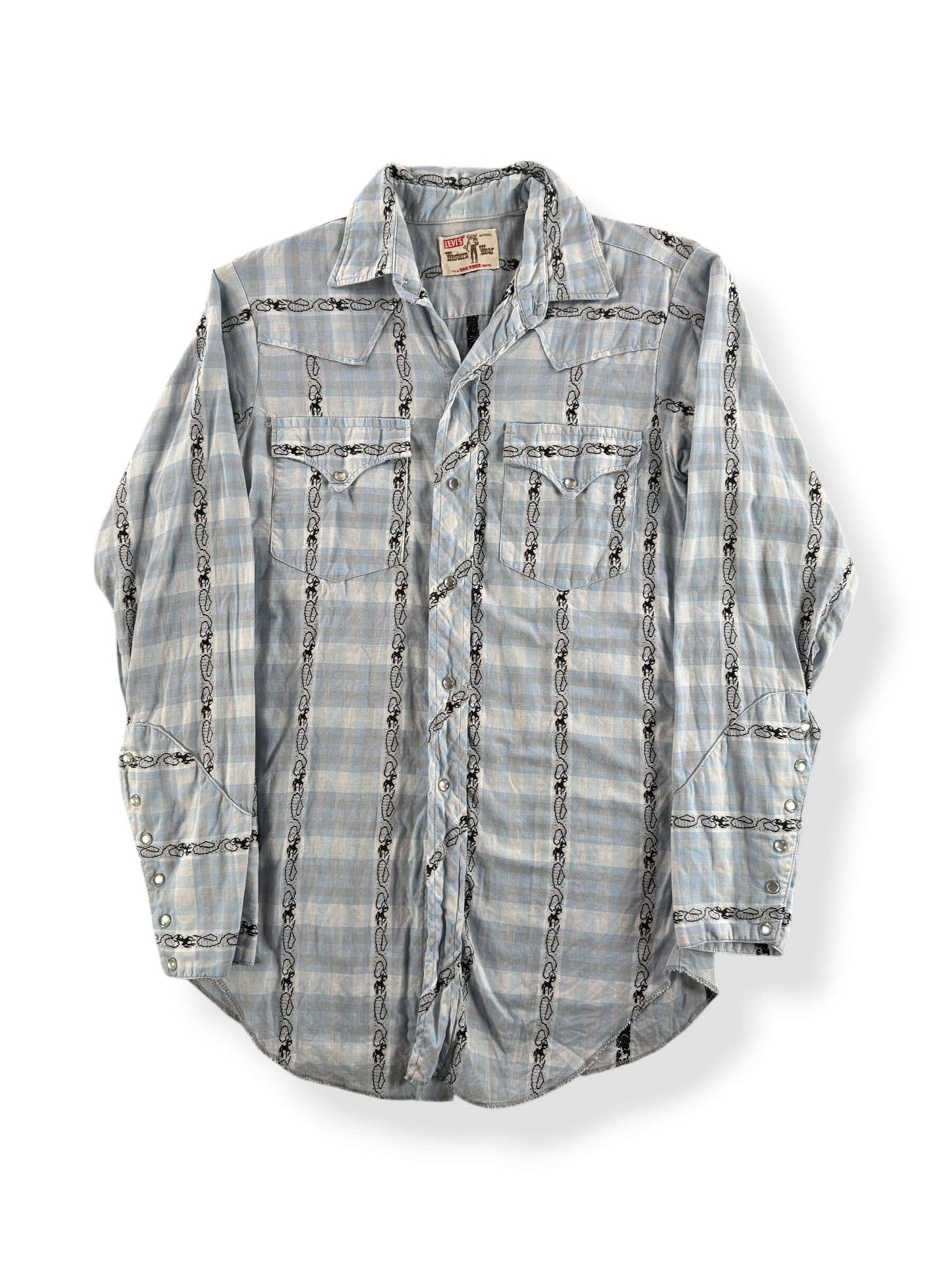 Front of Vintage Light Blue Levis Dan River Pearl Snap SZ XS
