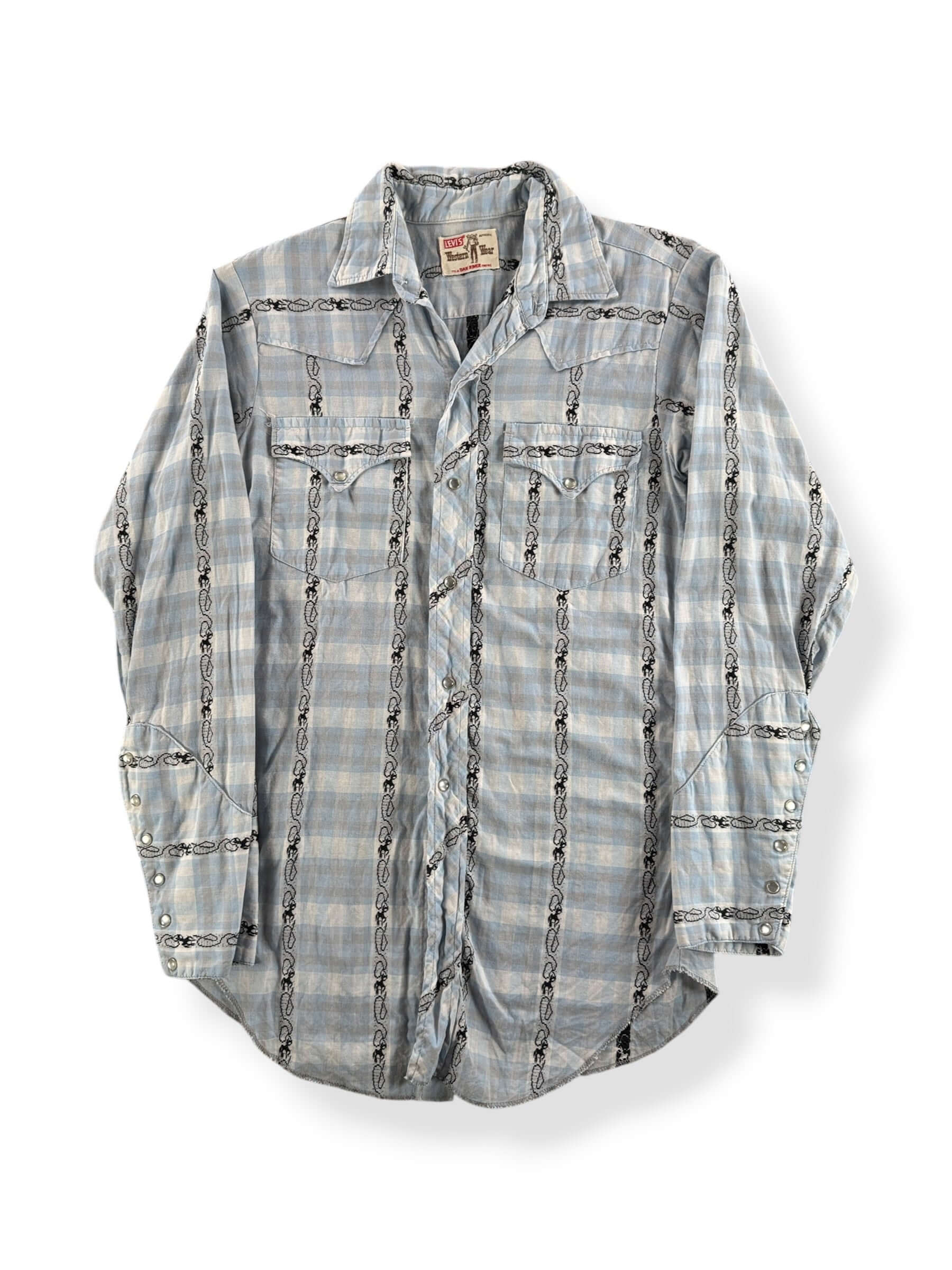 Front of Vintage Light Blue Levis Dan River Pearl Snap SZ XS