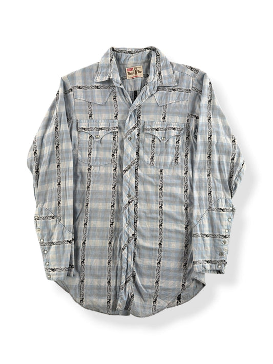 Front of Vintage Light Blue Levis Dan River Pearl Snap SZ XS