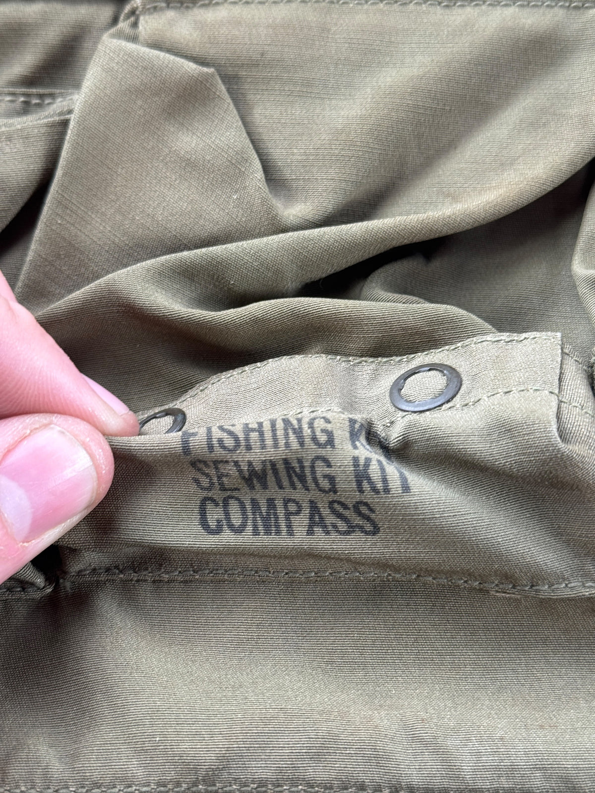 Compass, Fishing & Sewing kit pocket on back of Vintage WWII US Army Air Forces Flight Survival Vest SZ S