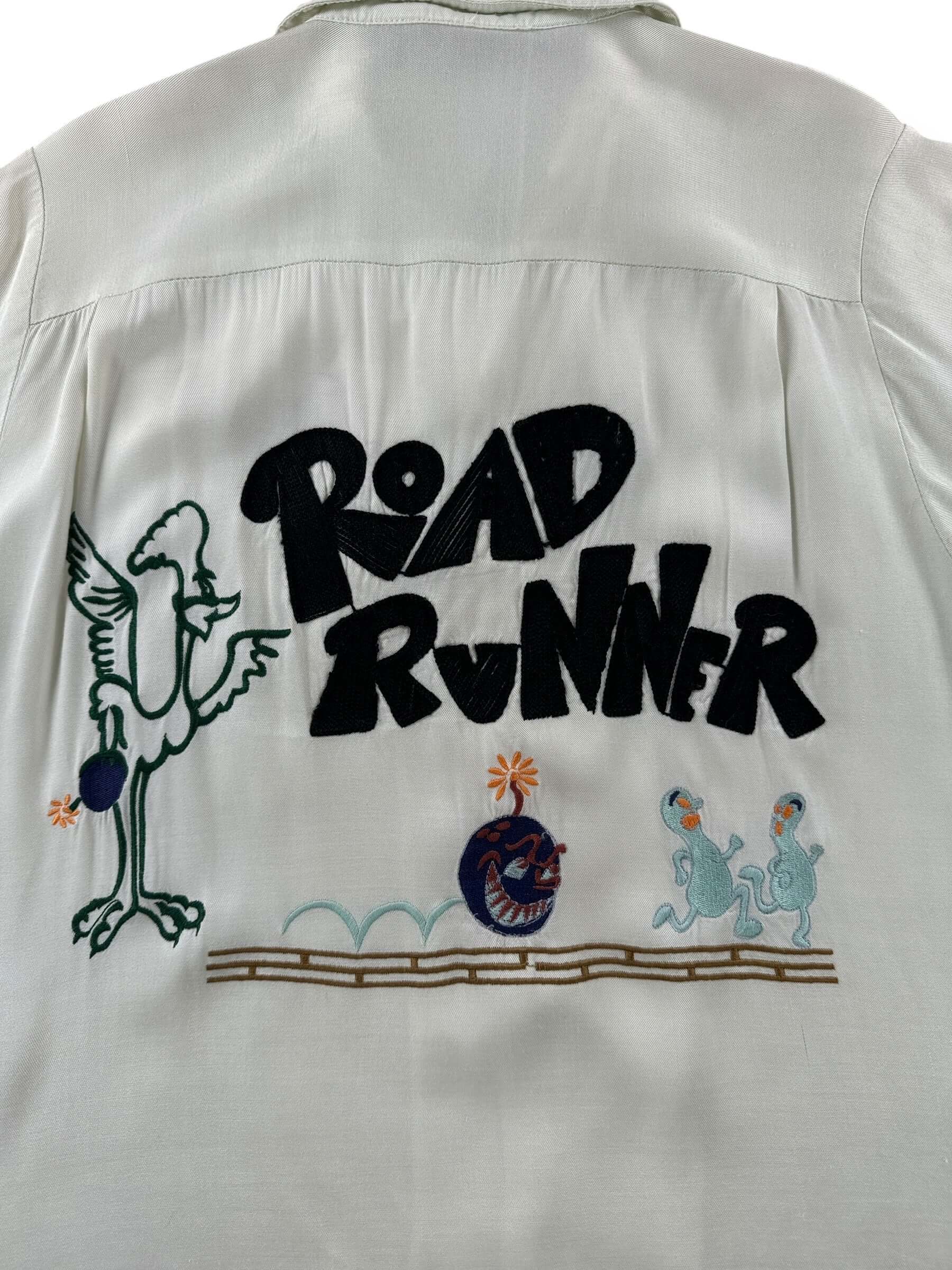 Back Embroidery on Vintage Rayon Chainstitched Roadrunner Bowling Shirt SZ S