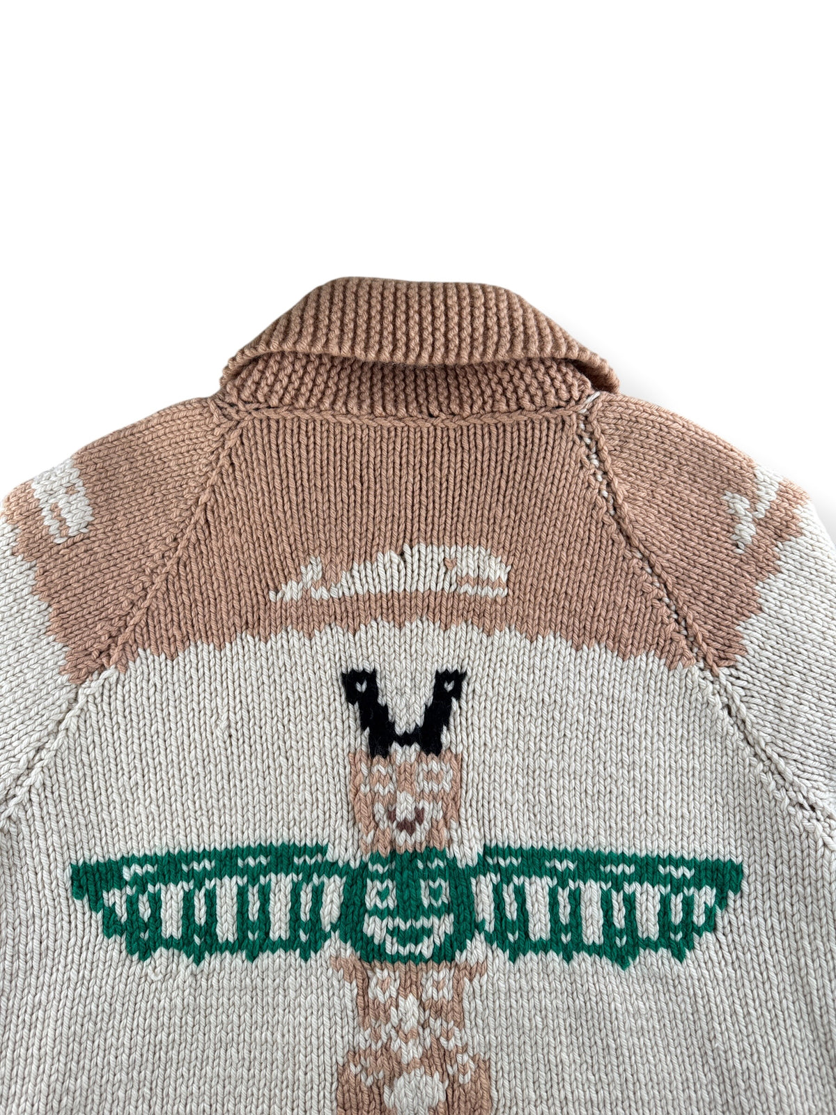 Whale pattern detail around collar of Vintage Totem Thunderbird Cowichan Style Sweater SZ L