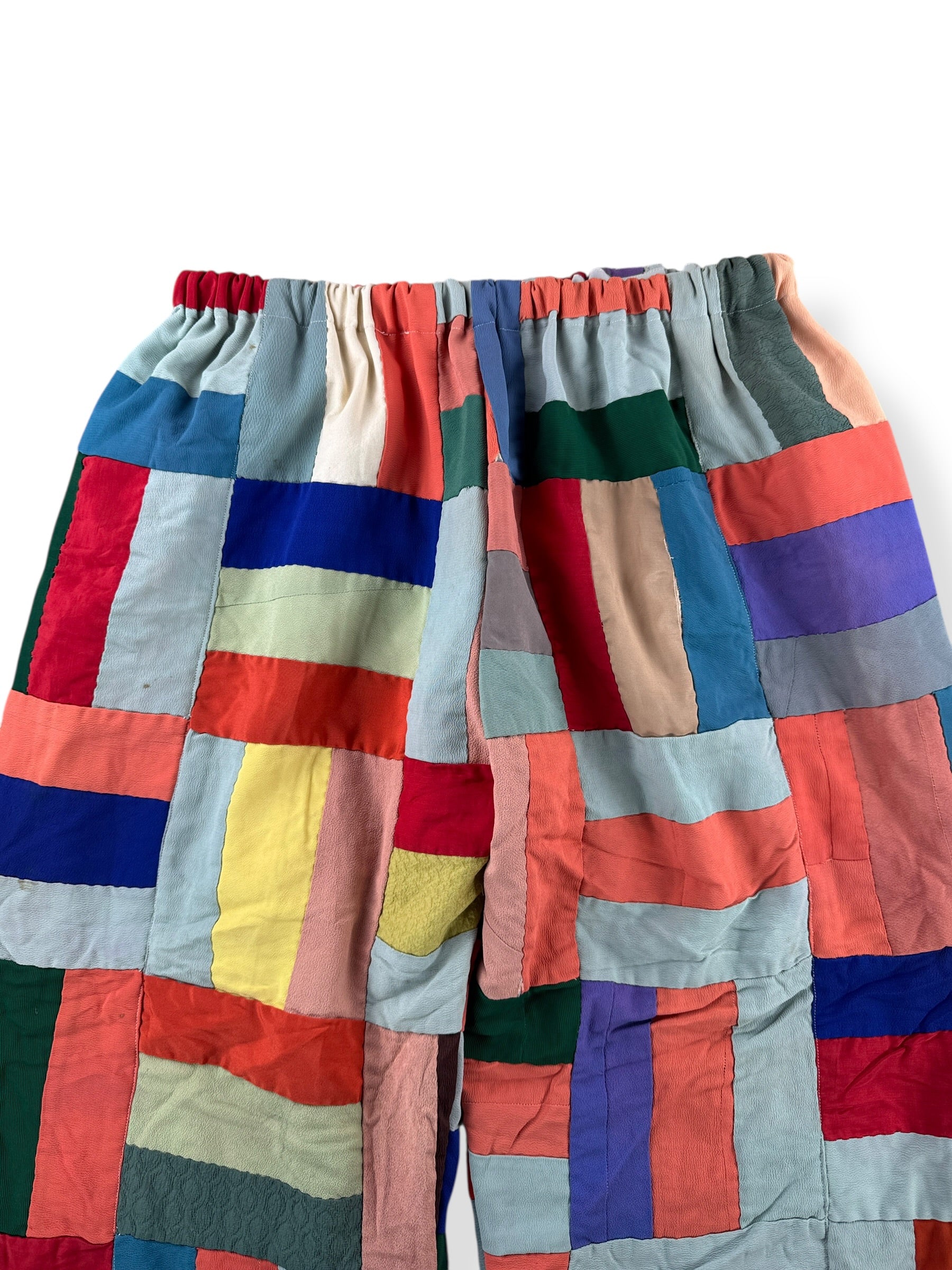 Front Close Up of Archive Craft X Barn Owl Vintage Quilt Pants SZ L