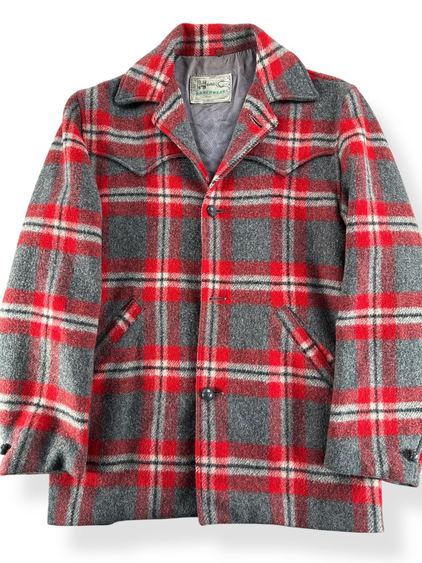 Front Close Up of Vintage H Bar C Wool Jacket SZ M AS IS