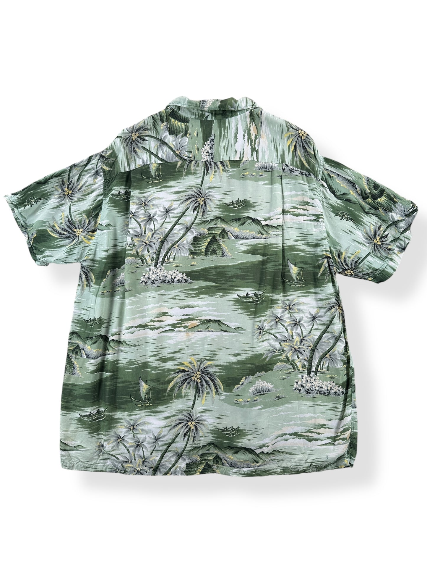 Back of Vintage Penney's Green Themed Rayon Aloha Shirt SZ XL