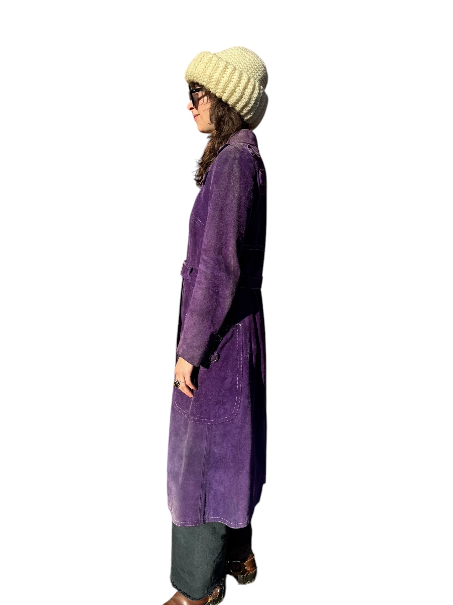 Side view of 1960s Purple Suede Trench Coat S