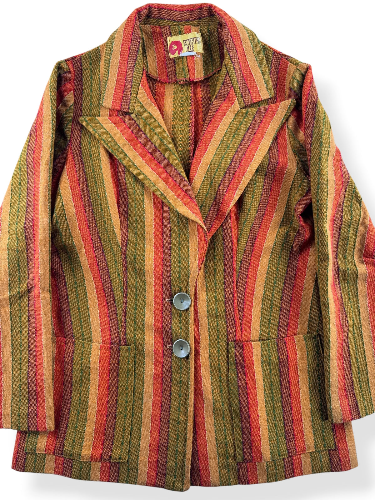Close-up on Vintage 70s Patrick Gee Orange Striped Blazer SZ 16