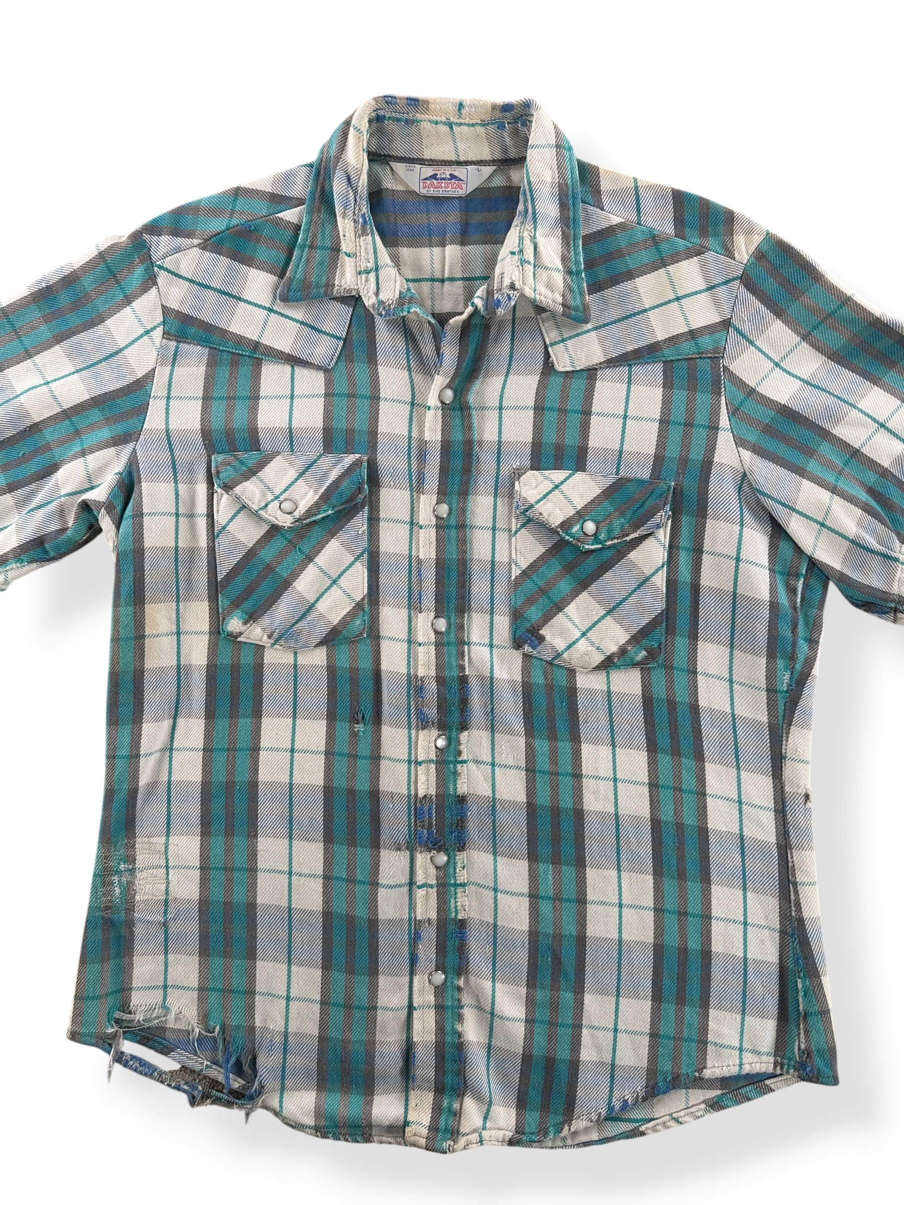 Front Close Up of Vintage 80s Thrashy Pearl Snap Flannel SZ L