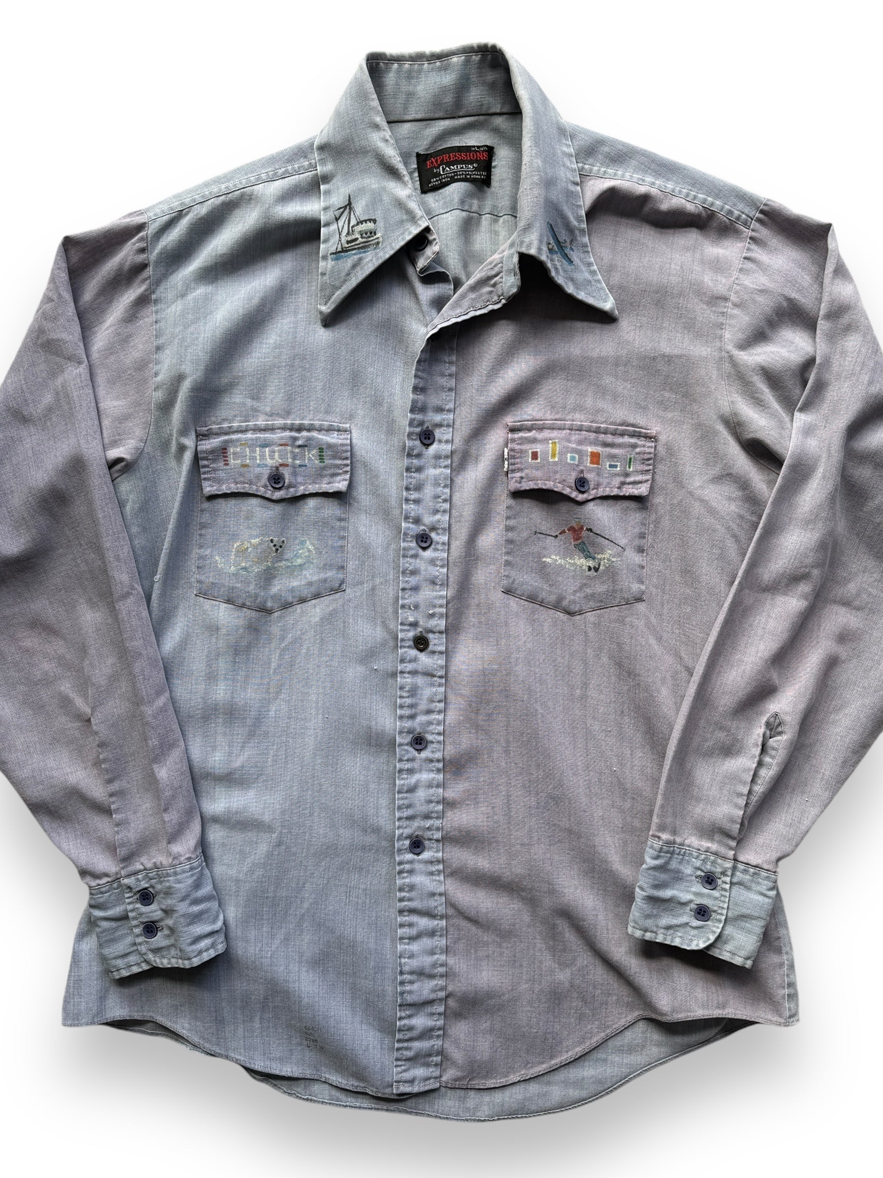 front close up of Vintage Handpainted Alaskan Chambray Shirt SZ L