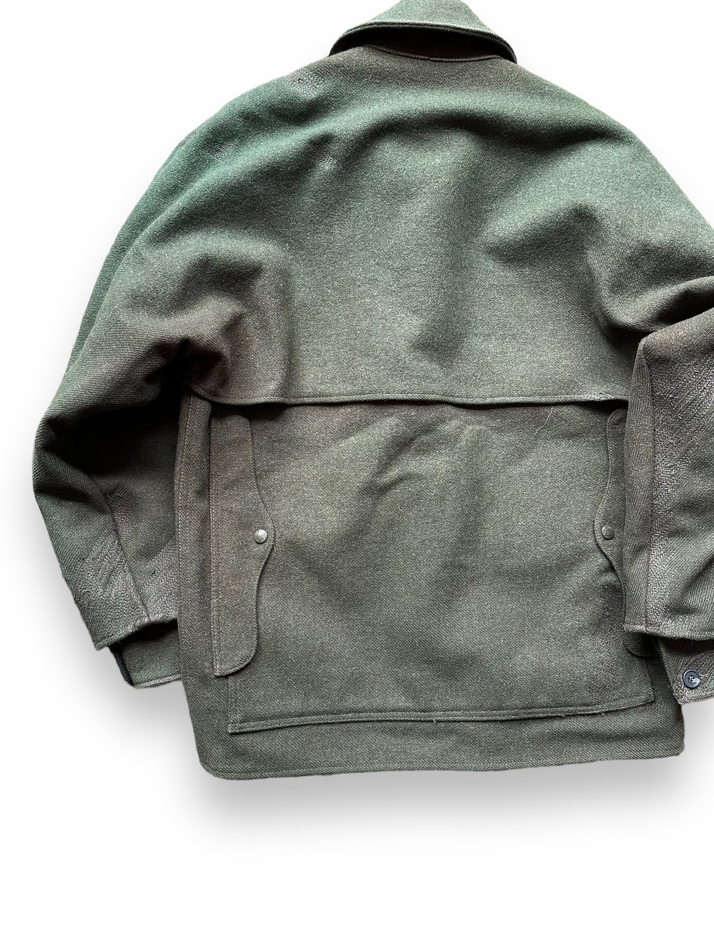 Rear Left View of Vintage Filson Forest Green Repaired Double Mackinaw Cruiser SZ 40 |  Vintage Filson Cruiser Seattle | Vintage Workwear Seattle