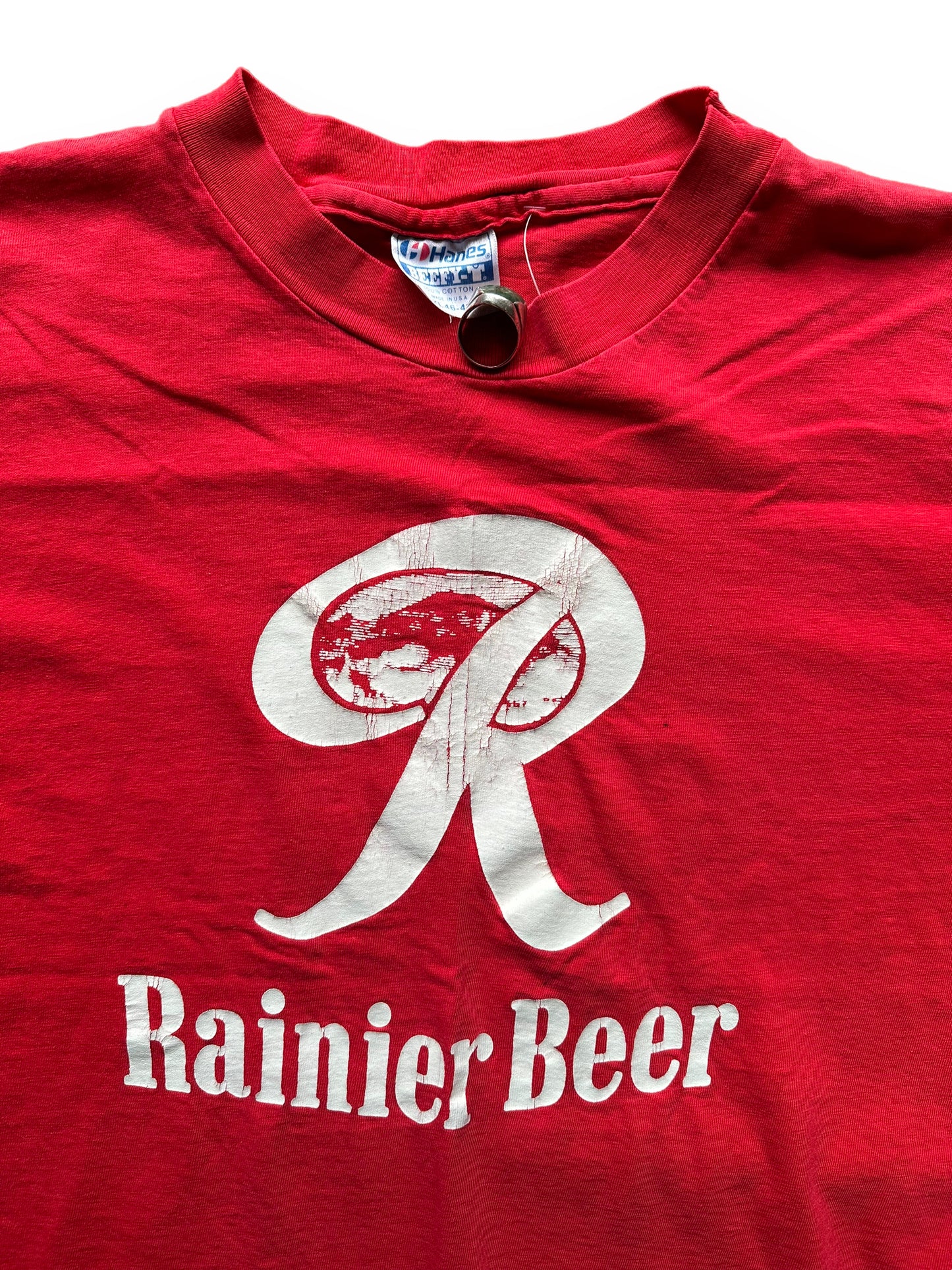 Upper Front View of Vintage 1985 Rainier Beer Tennis Tournament Tee SZ XL | Vintage Beer T-Shirts Seattle | Barn Owl Vintage Tees Seattle