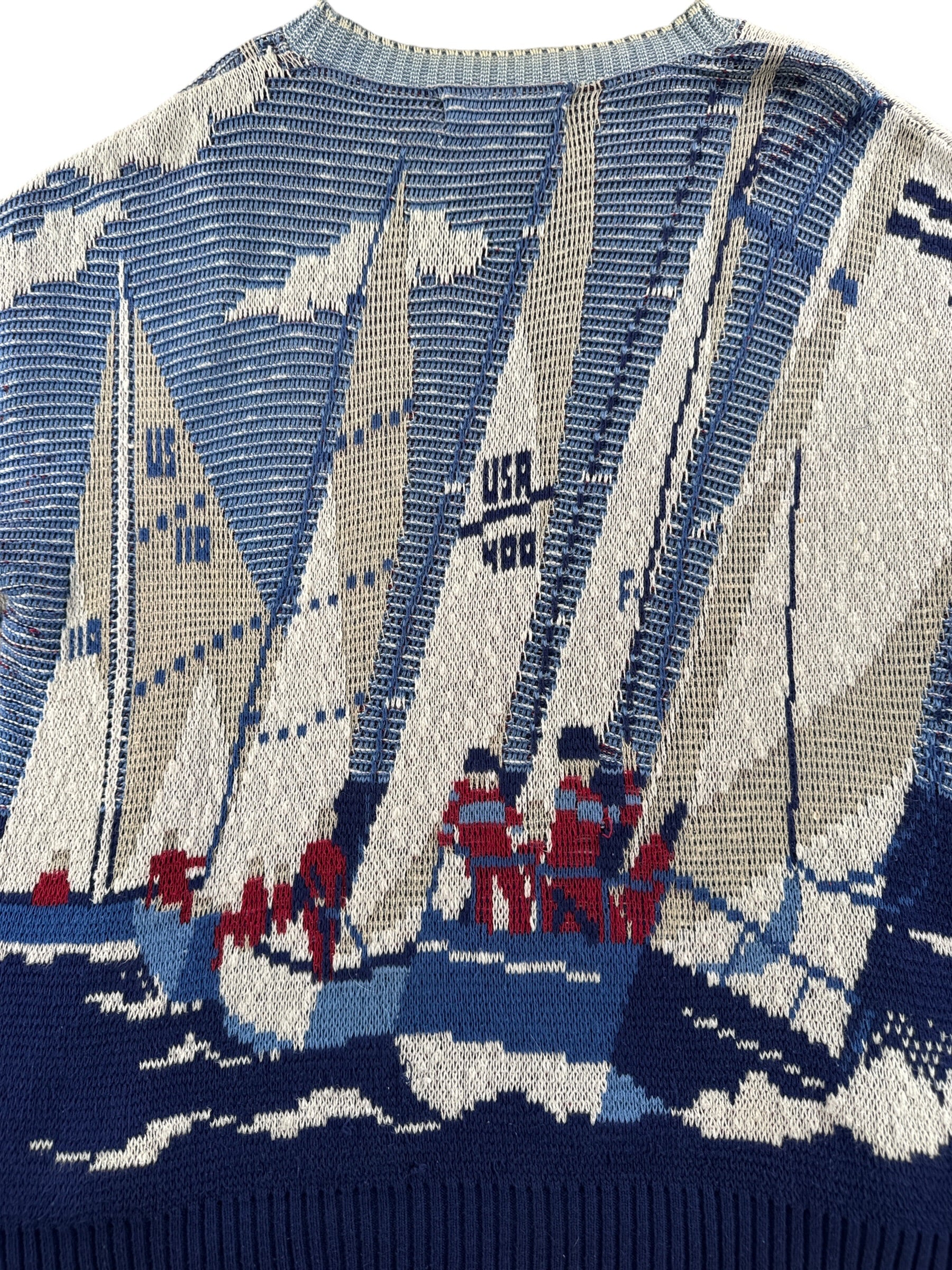 Back Close Up of Vintage Sailboat Novelty Print Sweater SZ M