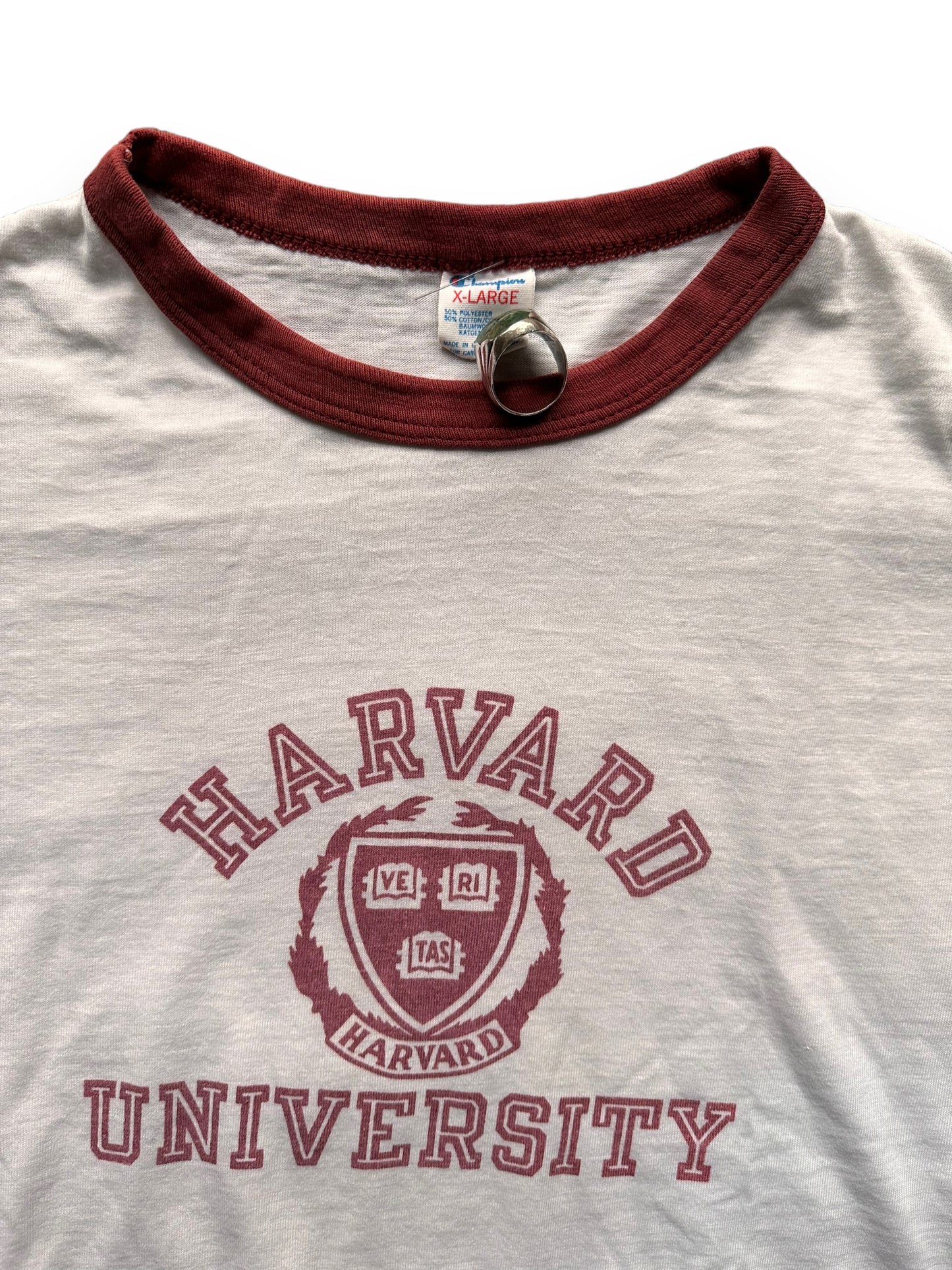 Upper Front Tag View of Vintage Champion Harvard University Ringer Tee SZ XL | Vintage Ivy League Tee Seattle | Barn Owl Vintage Seattle