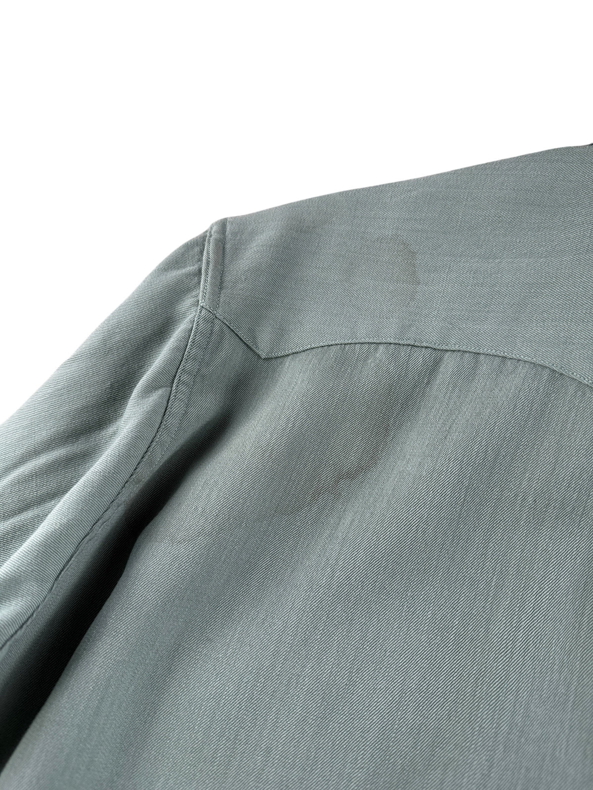 Minor staining on back of Vintage Green Levi's Short Horn Gabardine Shirt SZ S