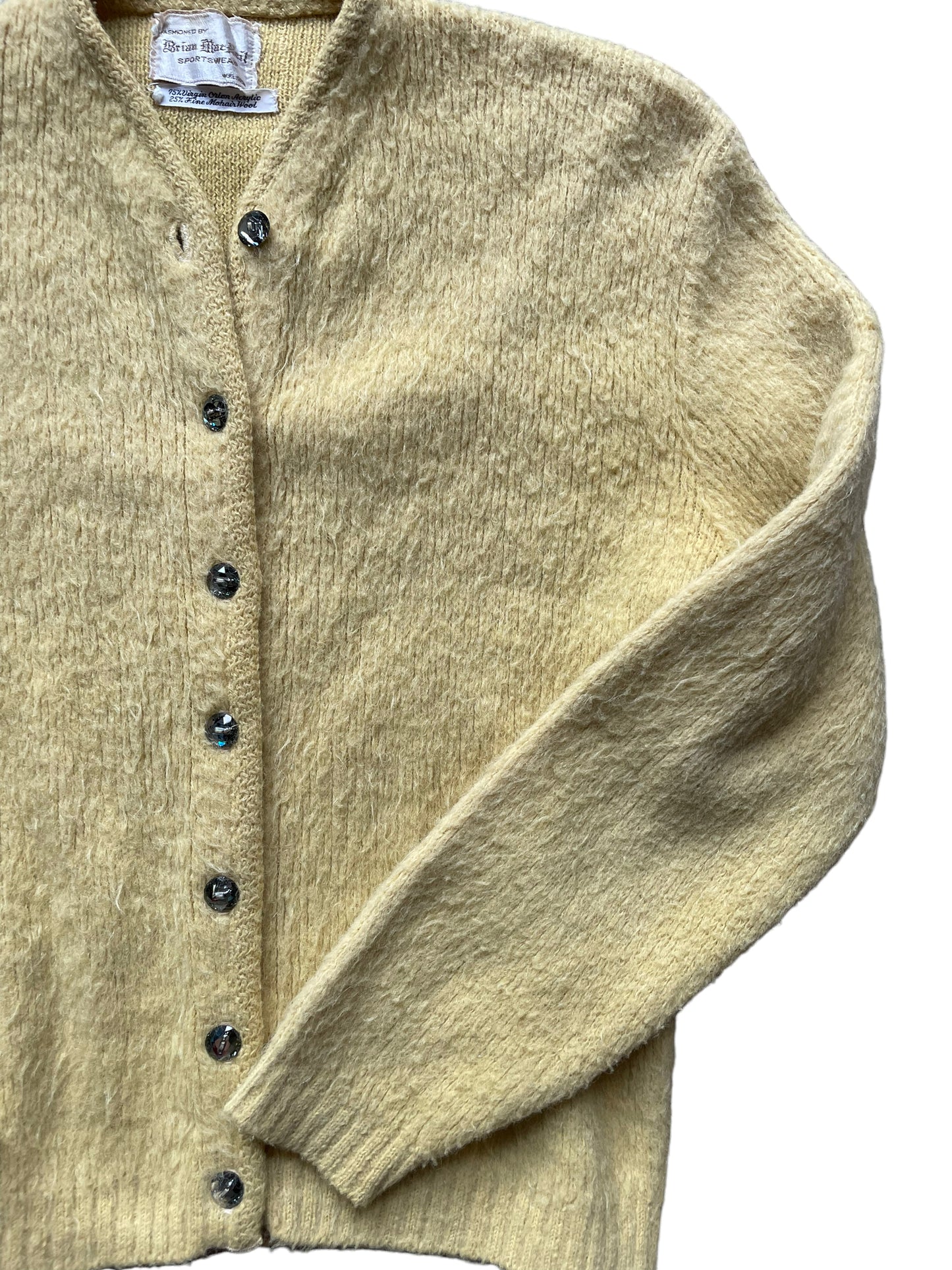 Front left side view of Vintage 1950s Yellow Orlon Mohair Cardigan | Barn Owl Sweaters | Seattle Vintage