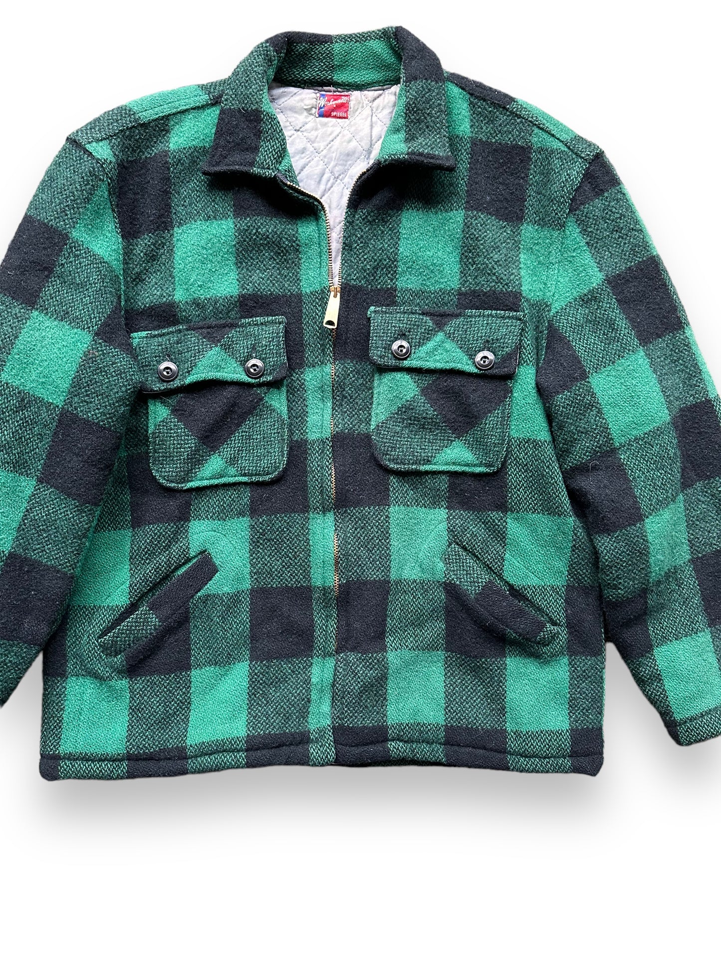 Front Detail on Vintage Green & Black Spiegel Workmaster Jacket SZ L | Vintage Wool Jacket Seattle | Barn Owl Vintage Seattle