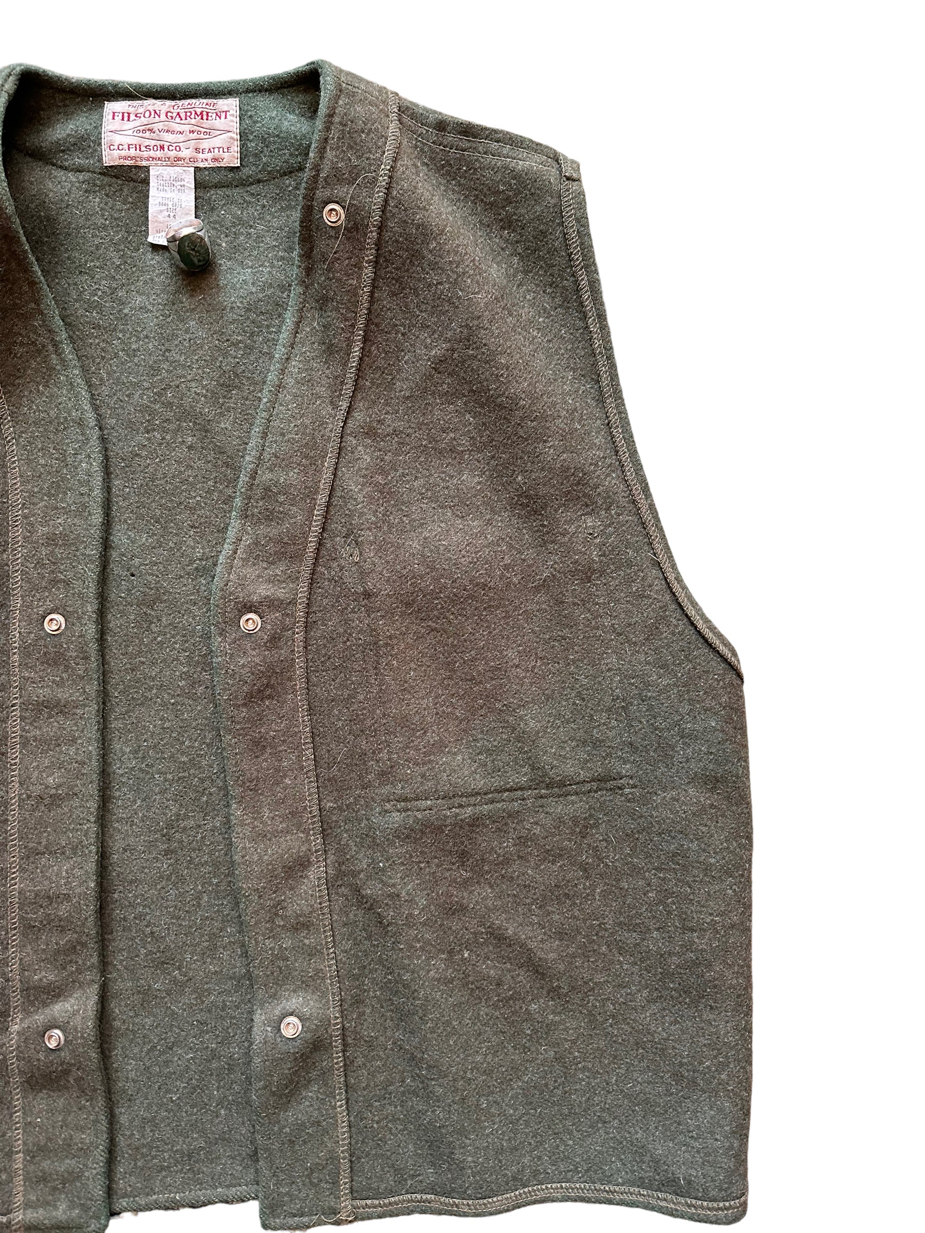 Front Left View of Vintage Filson Green Wool Snap In Liner SZ 44 |  Vintage Filson Workwear Seattle | Barn Owl Vintage