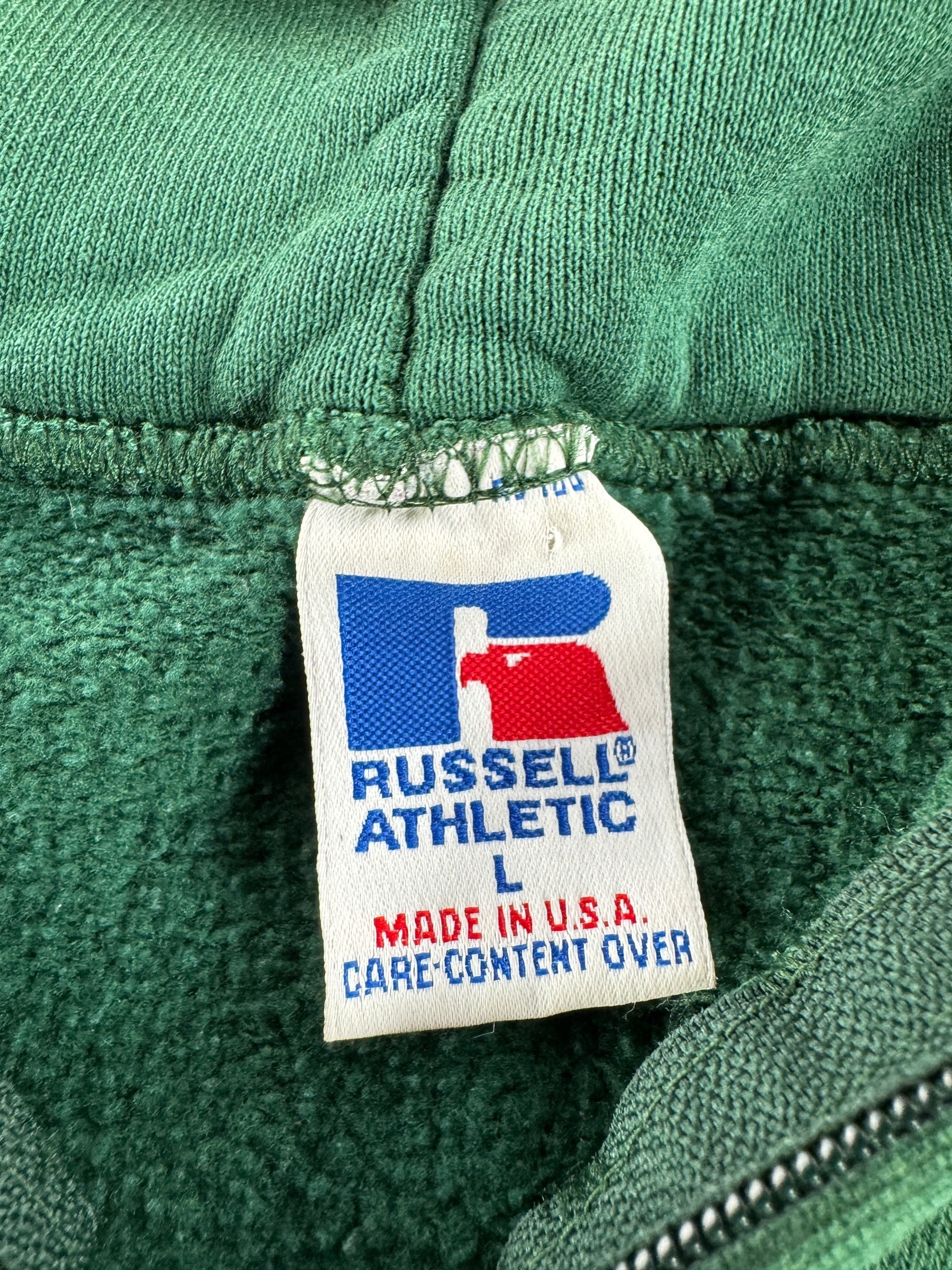 Tag on Vintage Russell Athletic Green Zip Hoodie SZ L