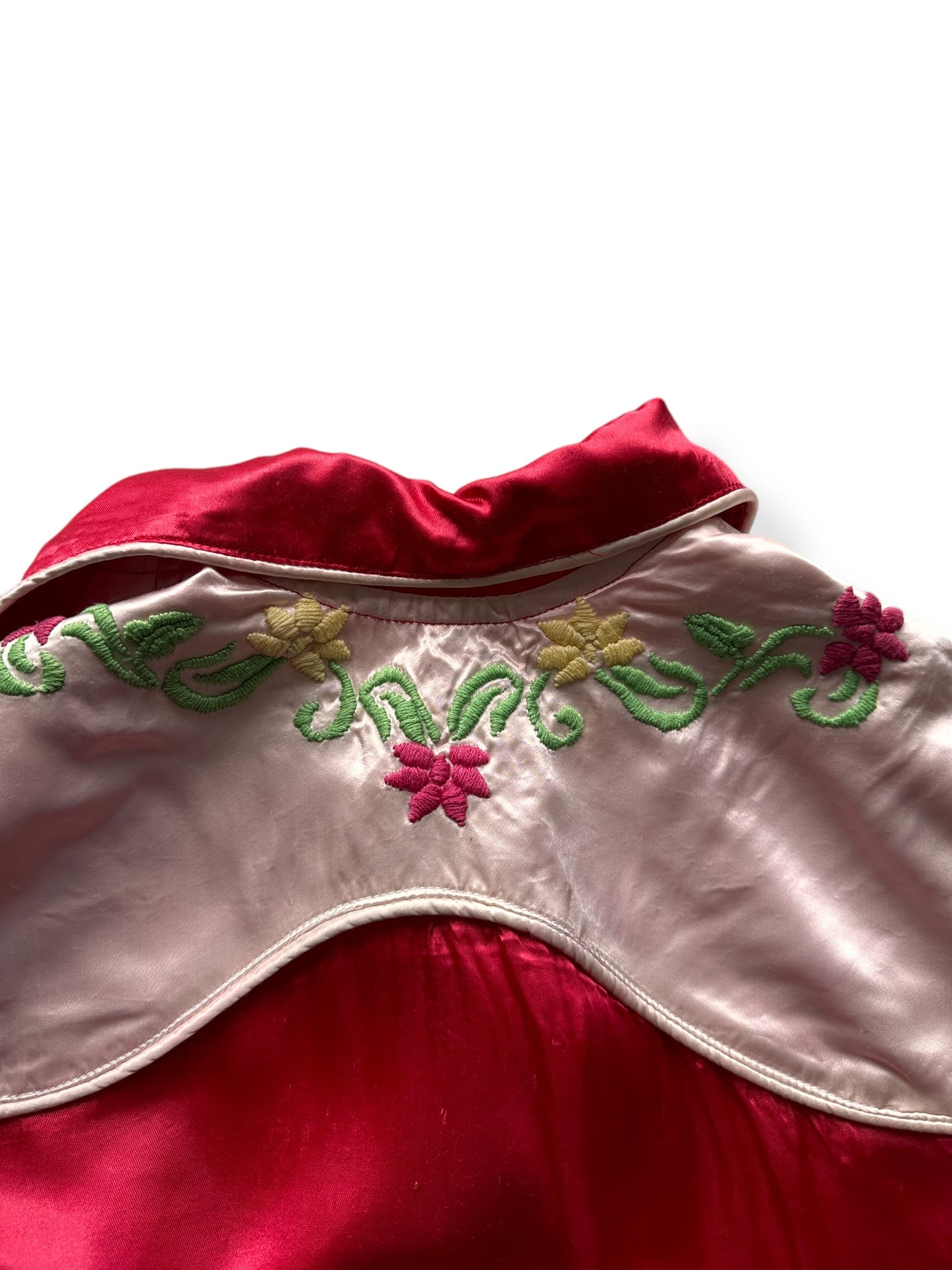Back Embroidery on Vintage Homemade Red Silk Souvenir Pearlsnap SZ M