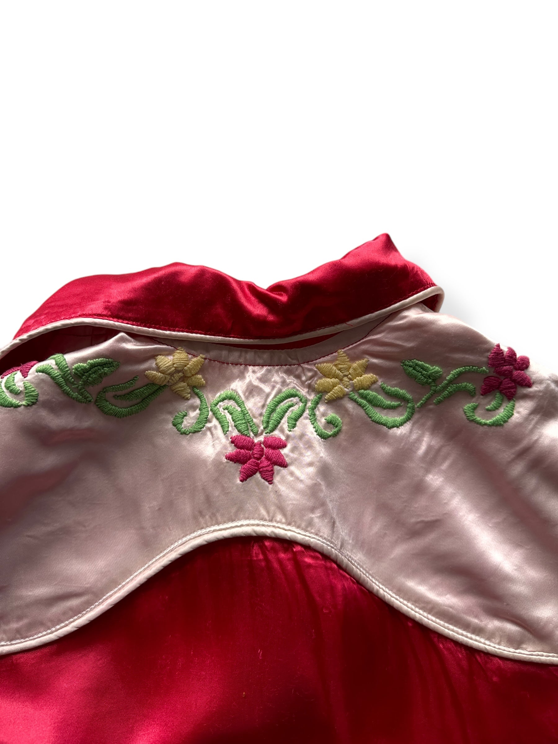 Back Embroidery on Vintage Homemade Red Silk Souvenir Pearlsnap SZ M