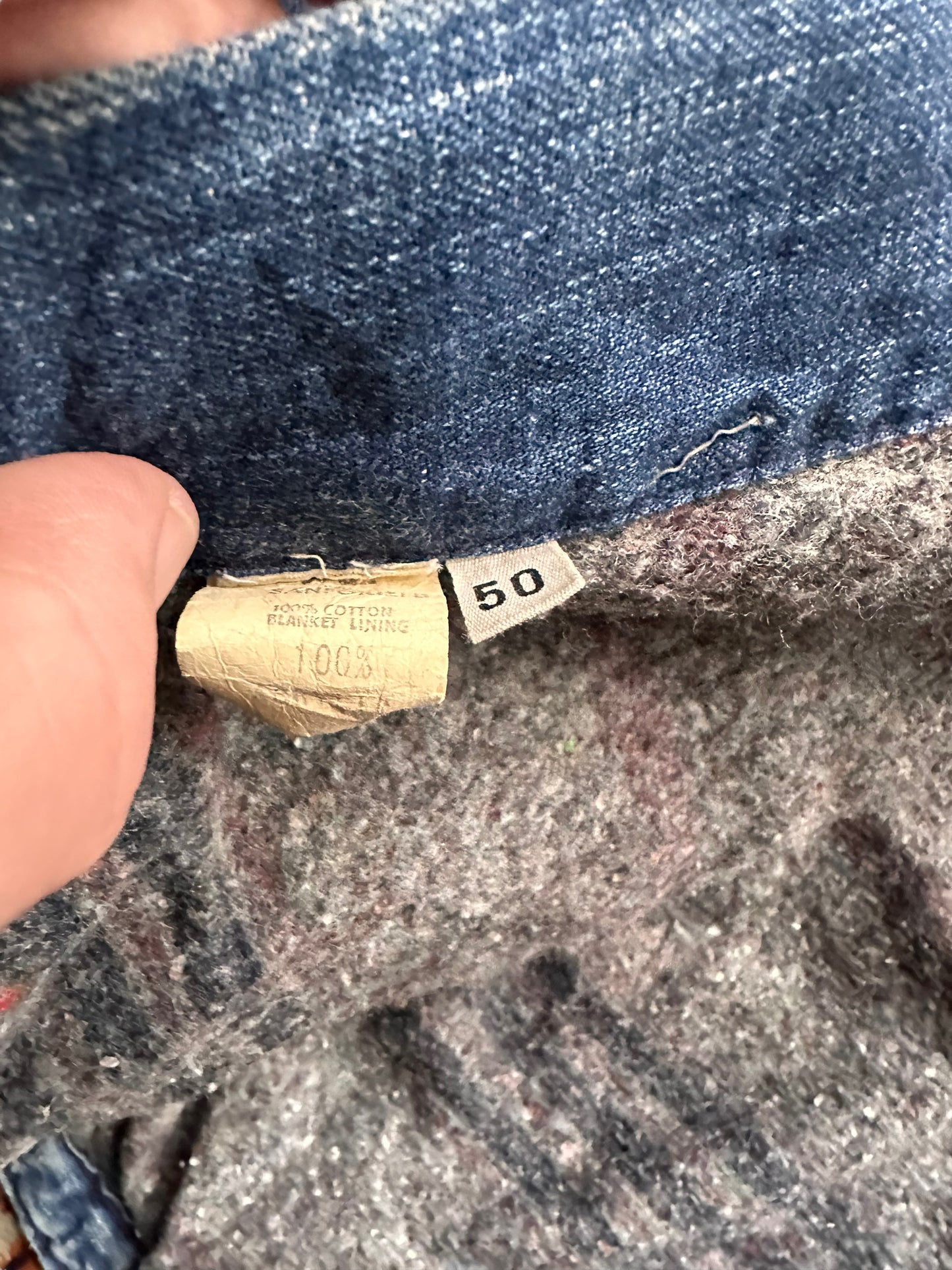 Tag View of Vintage Blanket Lined Wrangler Blue Bell Chore Coat SZ 50 | Vintage Denim Jacket Seattle | Seattle Vintage Clothing