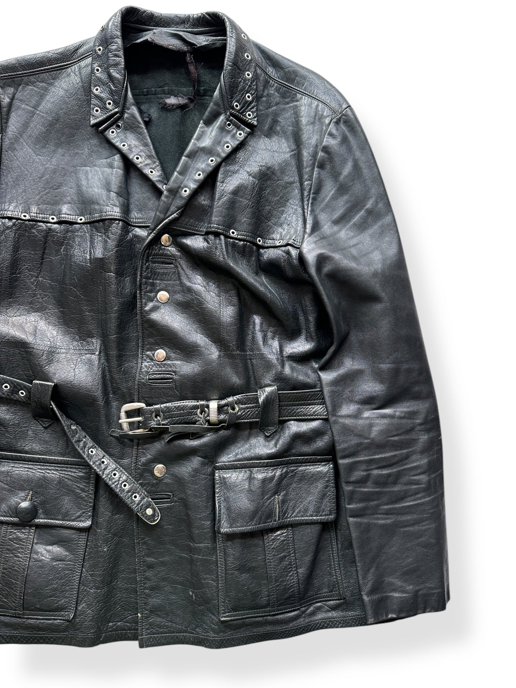 Front Left of Vintage Belted Black Leather Jacket SZ XL