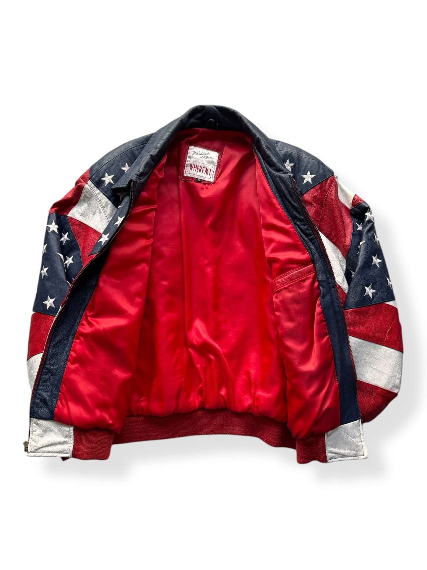 Inside of Vintage Michael Hoban WhereMI Flag Leather Jacket SZ M