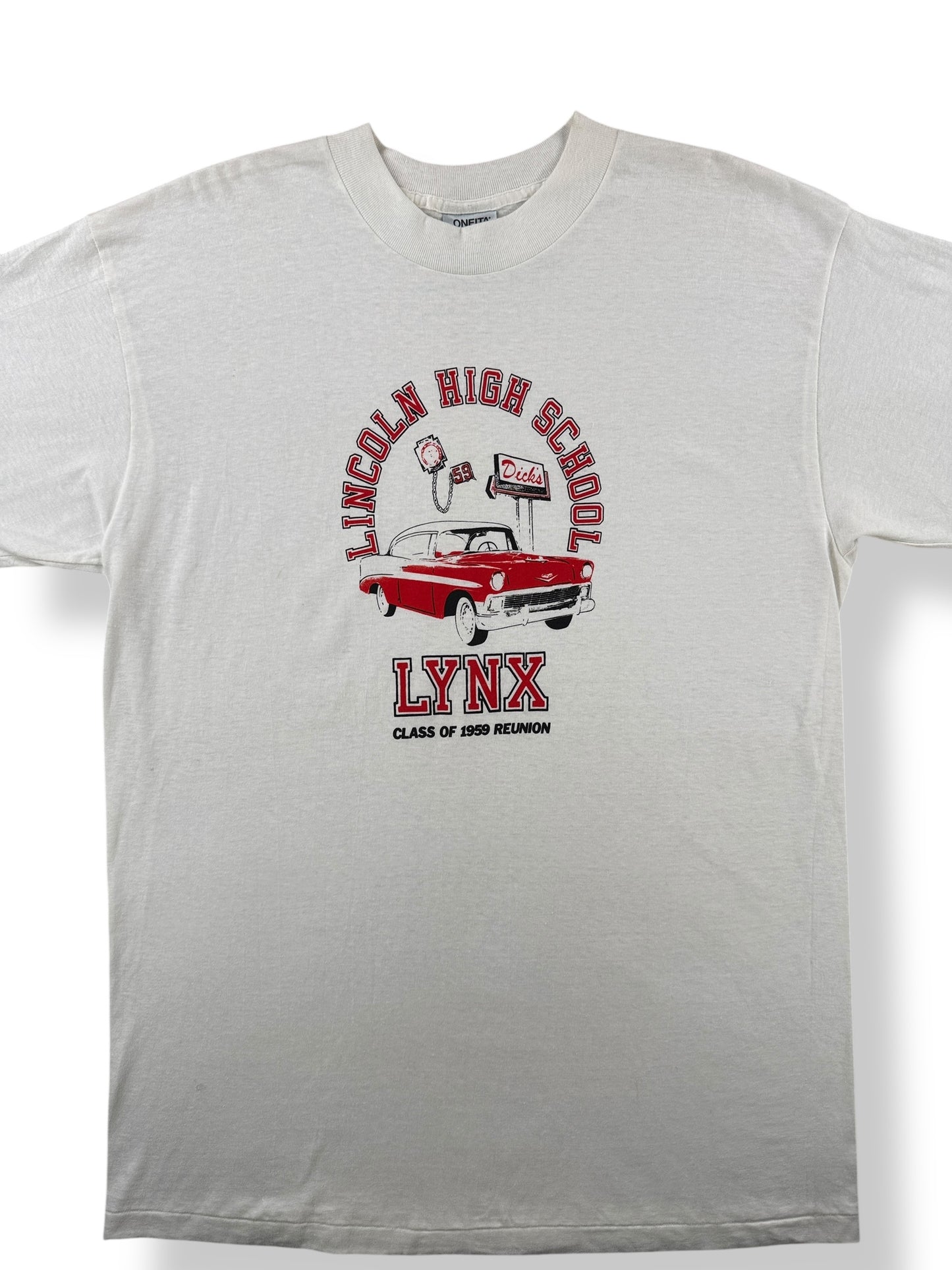 Front Close Up of Vintage Lincoln Lynx 59 High School Reunion Tee SZ XL