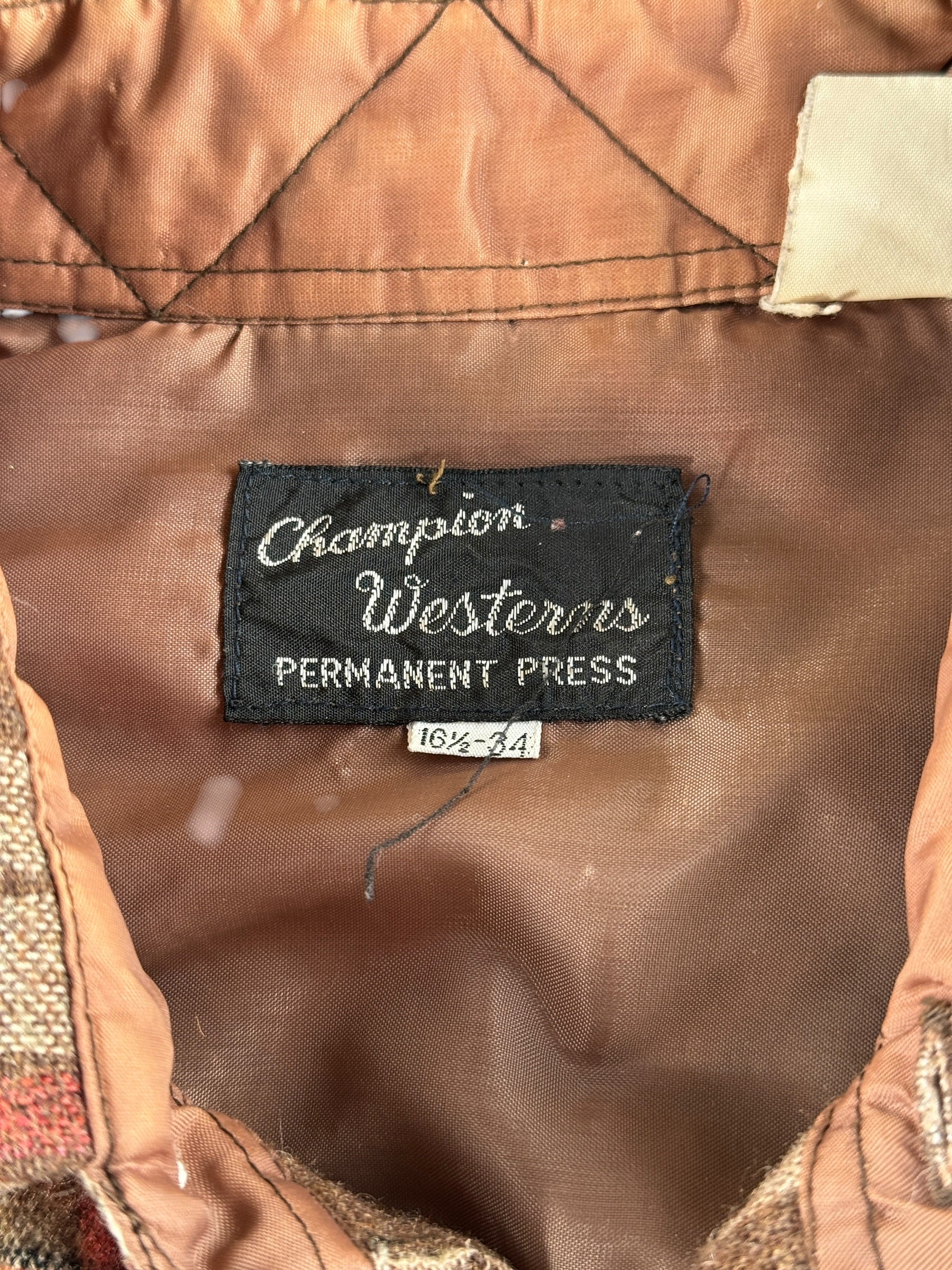 Brand and size tag on Vintage Champion Westerns Wool Flannel Pearlsnap SZ 16 1/2 - AS IS