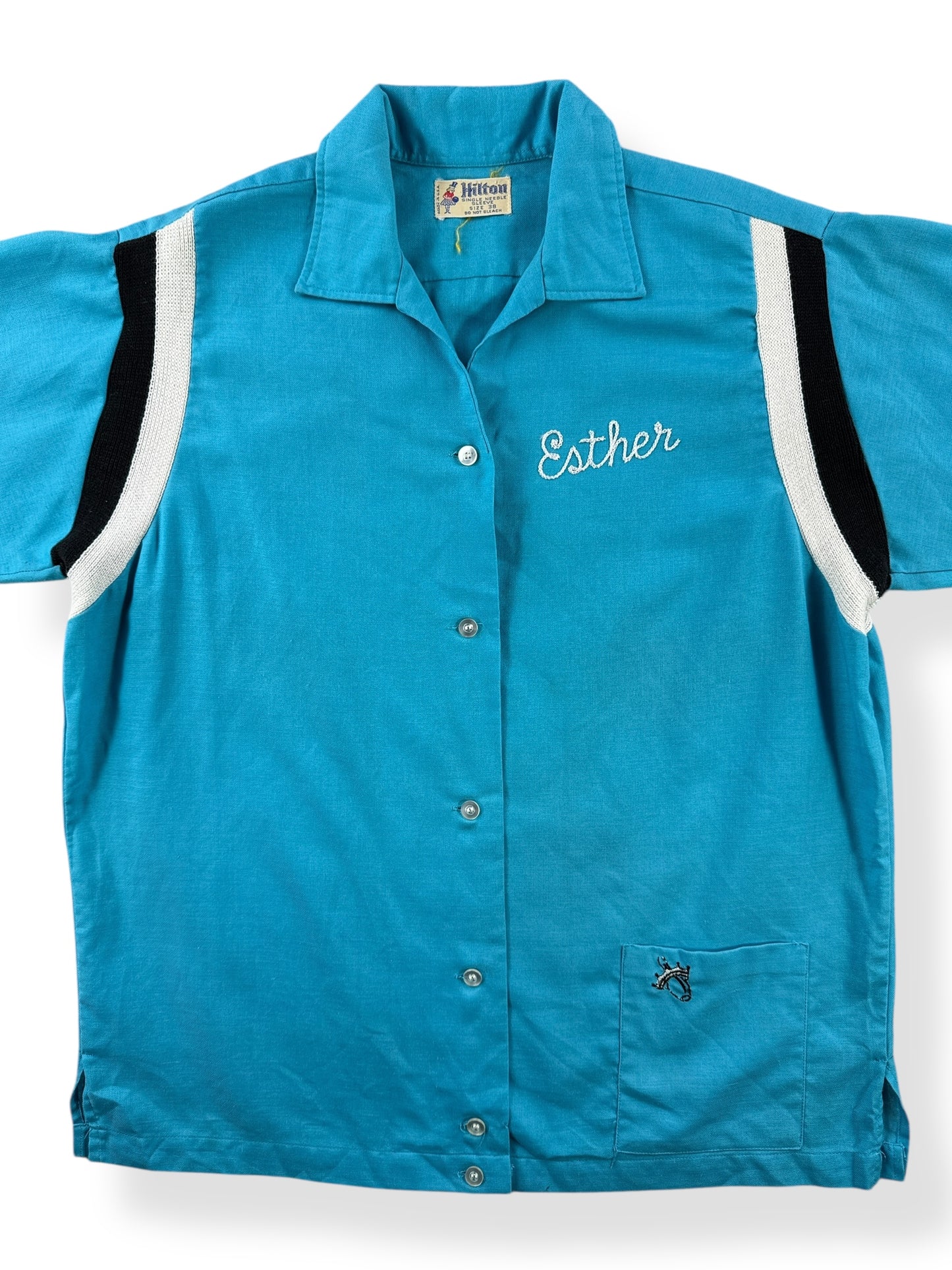 Front Close Up of Vintage Hilton Blue Women's Bowling Shirt SZ M