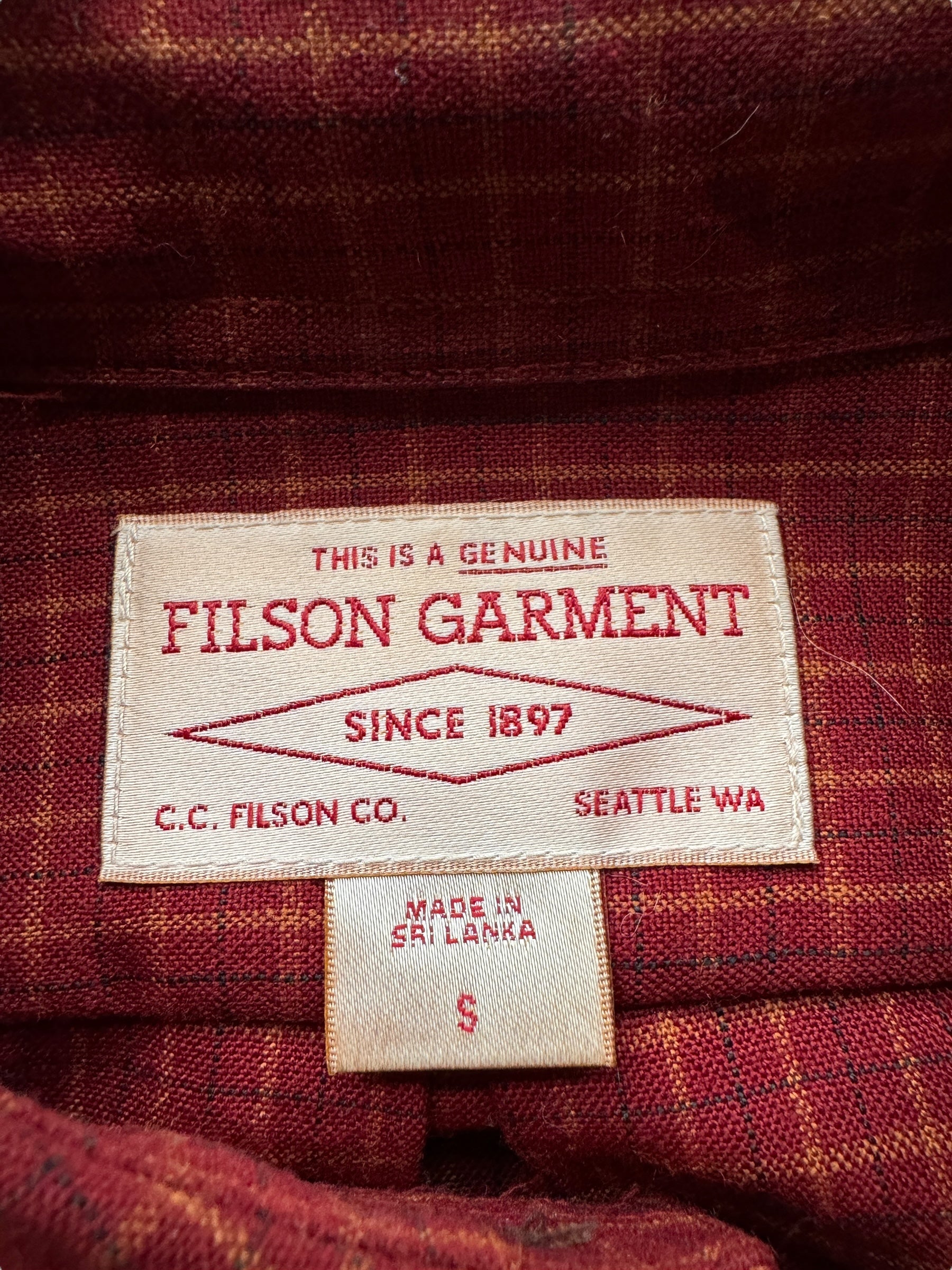 Tag on Filson Merino Wool Red Gold Plaid Guide Shirt SZ S