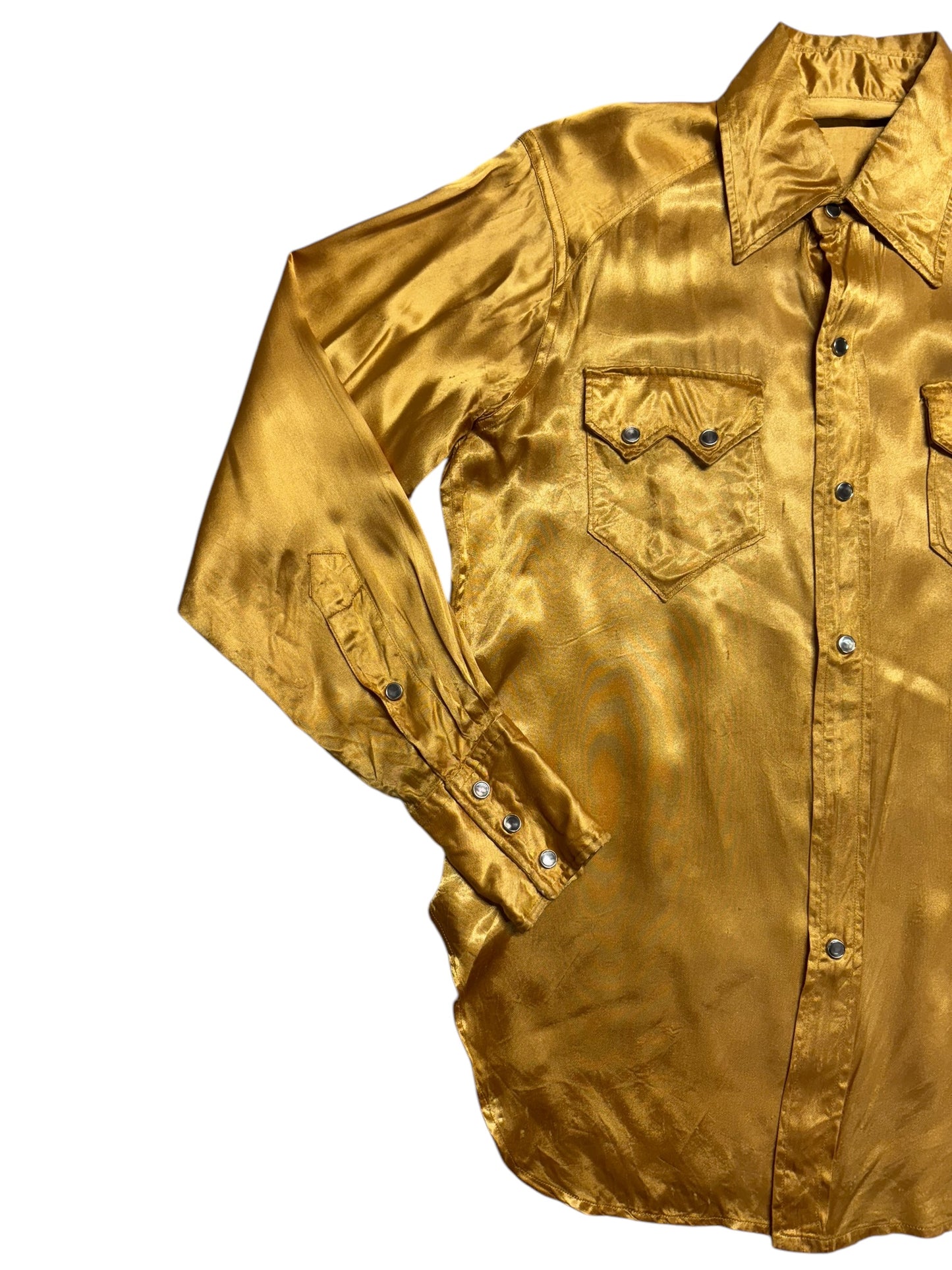 Front right side of Vintage Gold Satin Pearlsnap Shirt M