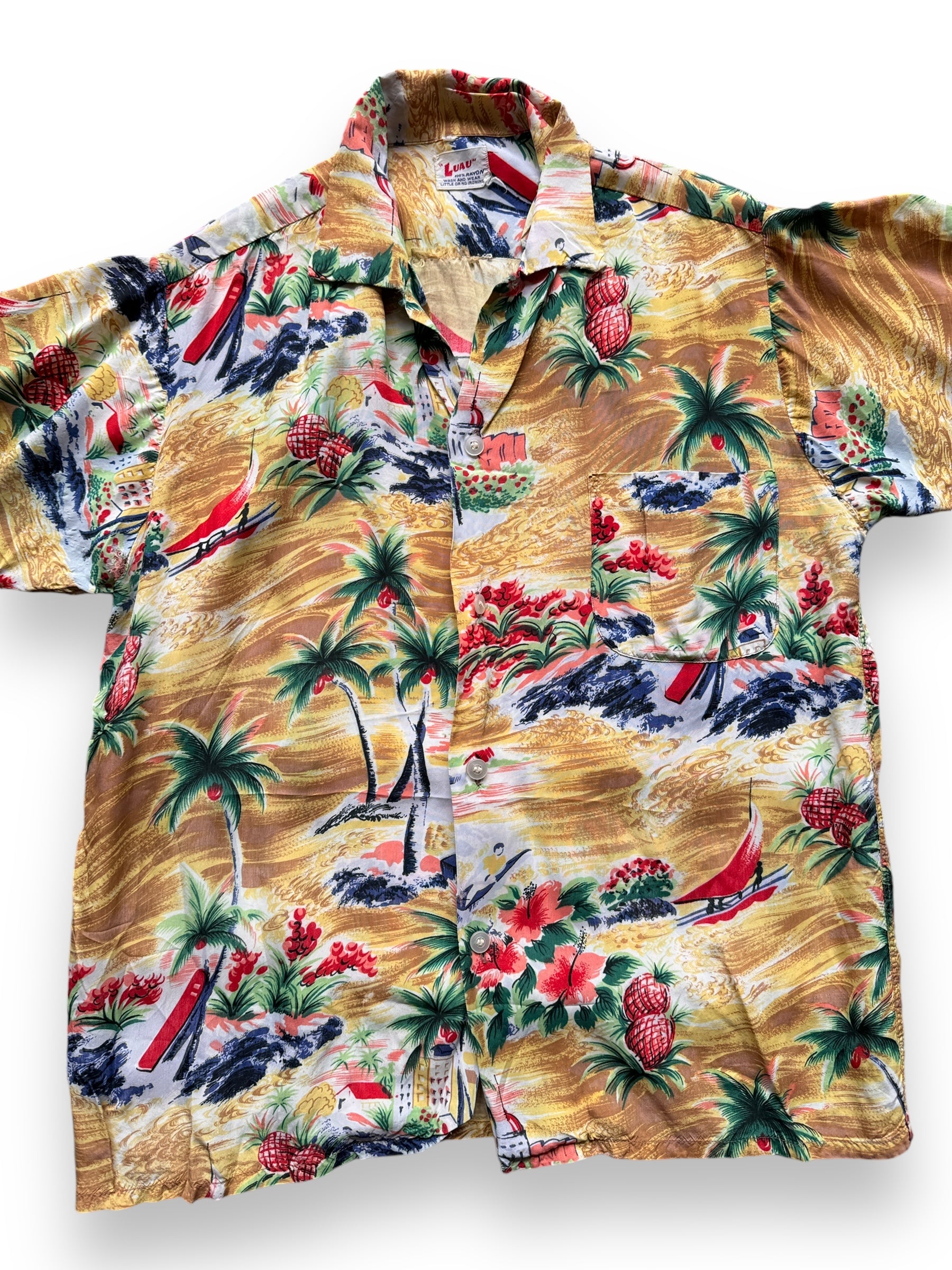 front close up of Vintage Distressed Luau Rayon Aloha Shirt SZ M