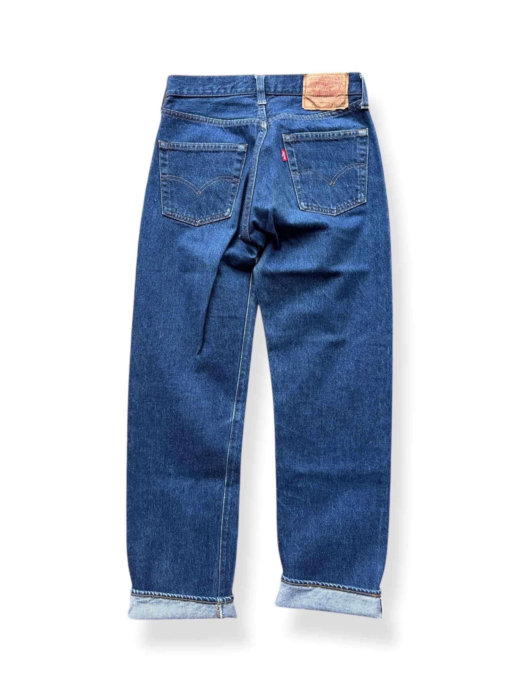 Back of Vintage Dark Double Stitch Levis 501 Redline Jeans W28