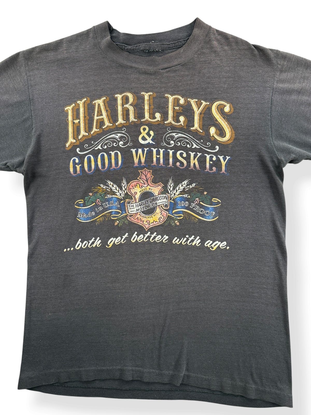 Close-up of Vintage 1980s Paper Thin Harley Davidson Whiskey Tee SZ S