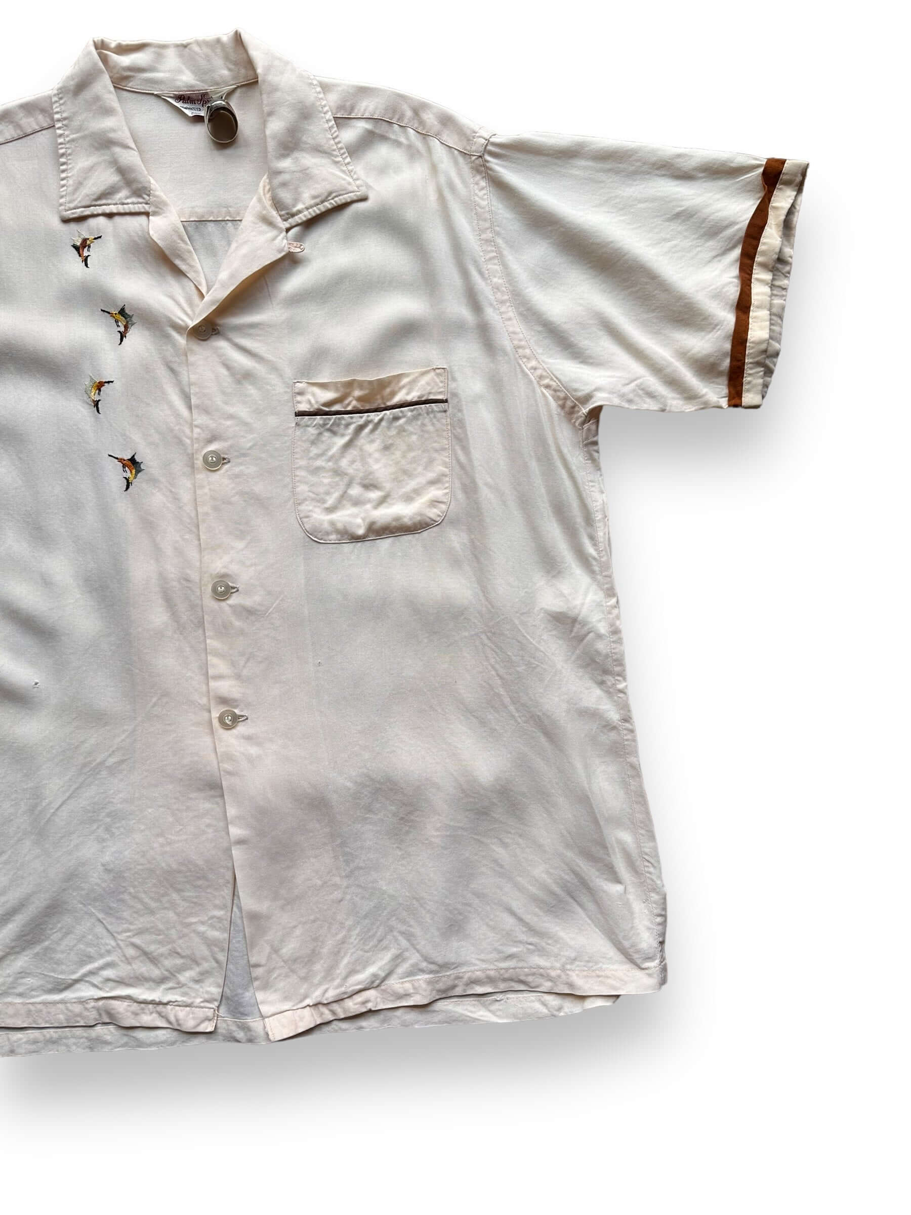 Front Left View of Vintage Palm Springs Loop Collar Swordfish Shirt SZ L | Vintage Rockabilly Shirt Seattle | Barn Owl Vintage Seattle