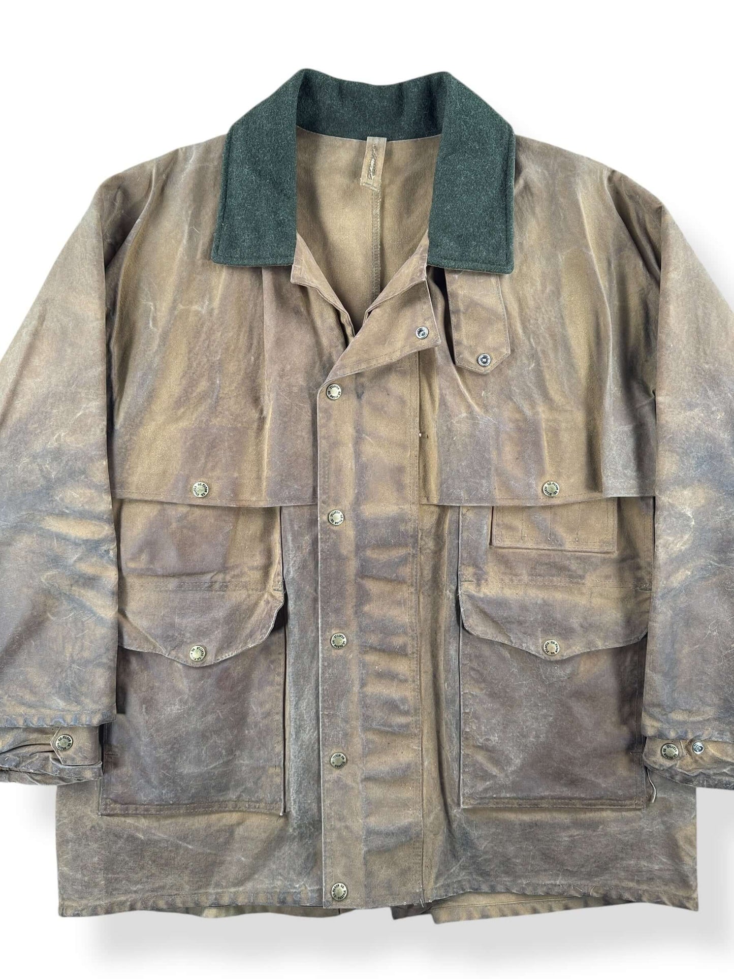 Front Close Up of Vintage Filson Tin Cloth Packer Coat SZ 40 AS IS