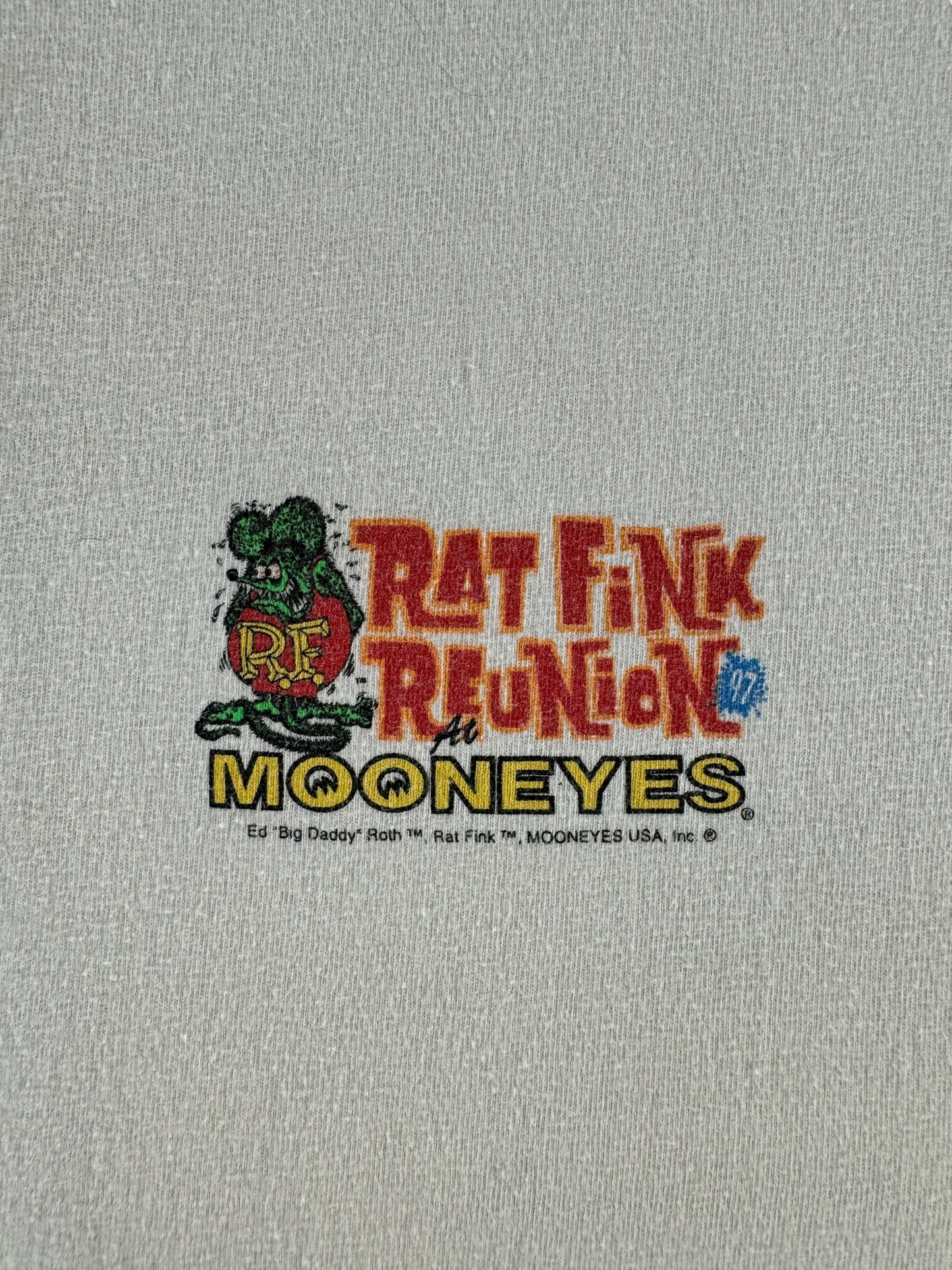 Front Graphic of Vintage 1997 Ed "Big Daddy" Roth Rat Fink Mooneyes Reunion Tee SZ L