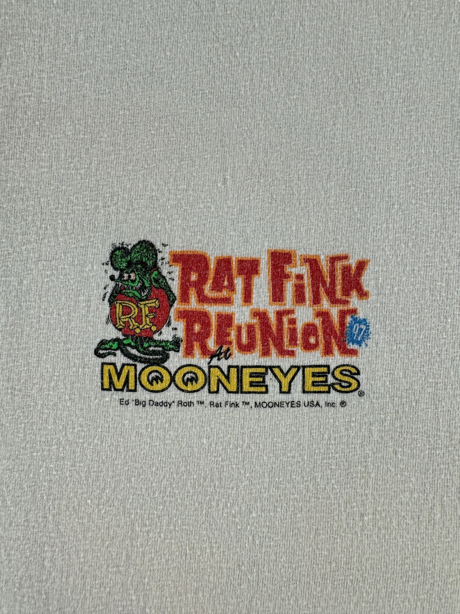 Front Graphic of Vintage 1997 Ed "Big Daddy" Roth Rat Fink Mooneyes Reunion Tee SZ L