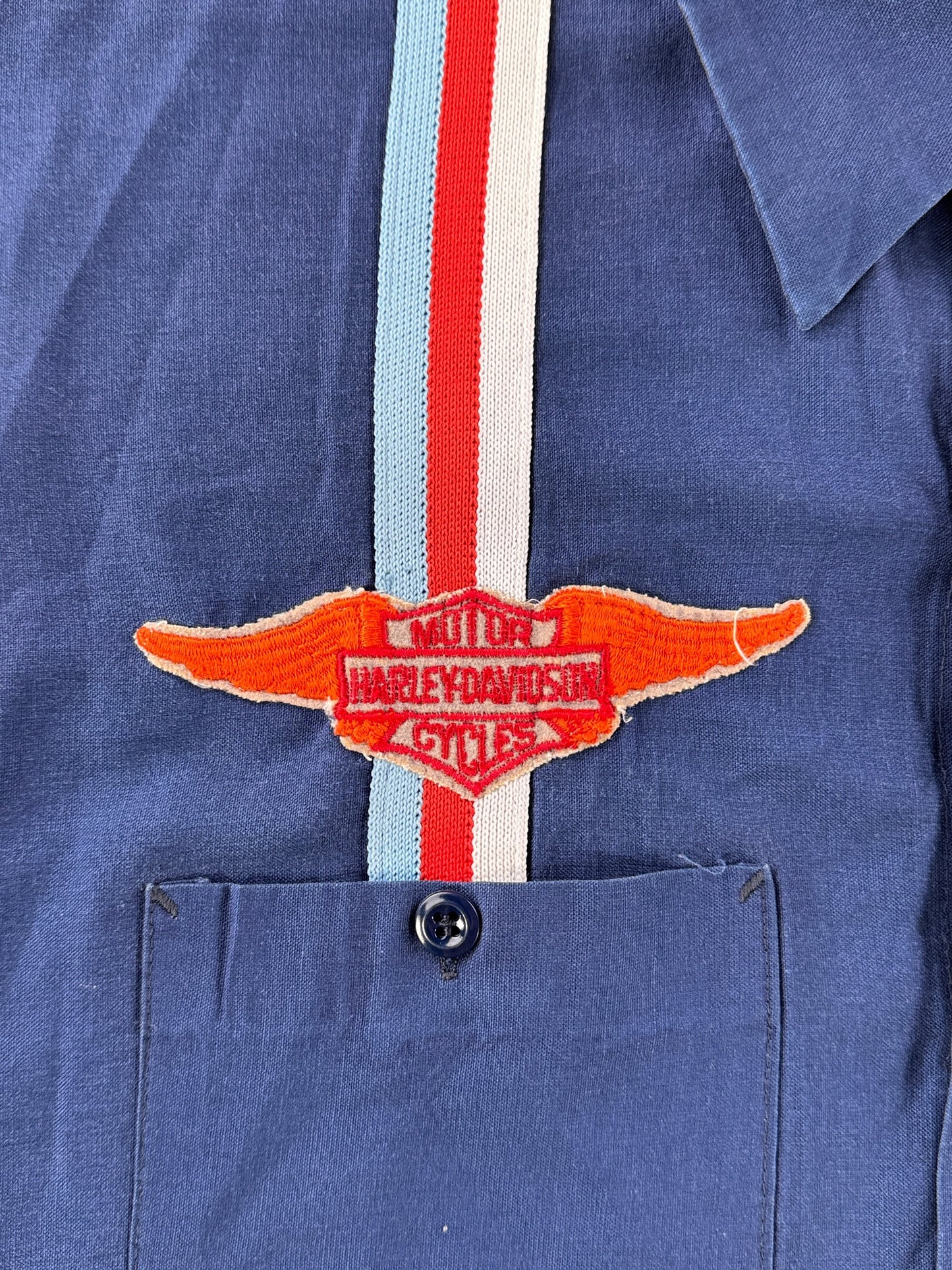 Harley patch on right side of chest on Vintage 60s Harley Mechanic Shirt SZ L