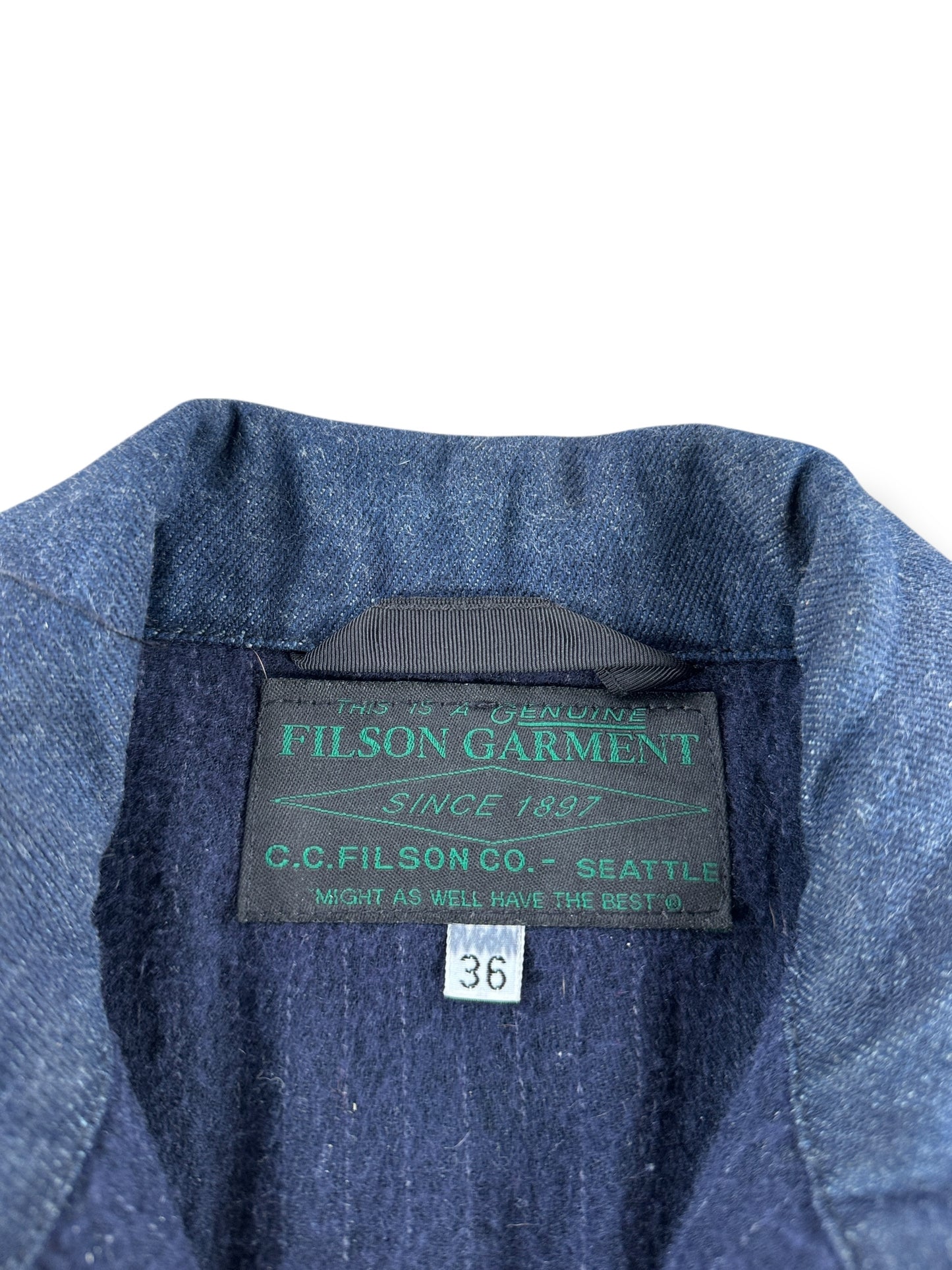 Green Label on Filson X Tellason Waxed Denim Cruiser Jacket SZ 36