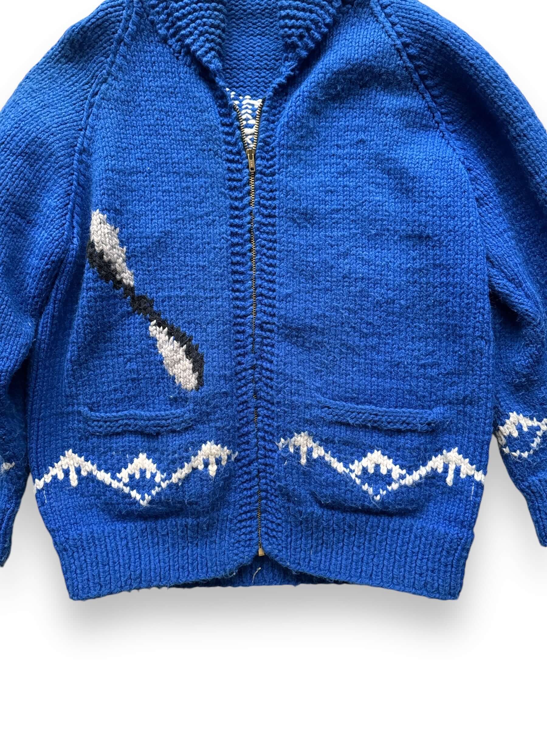 front close up of Vintage Airplane Themed Cowichan Sweater SZ M-L