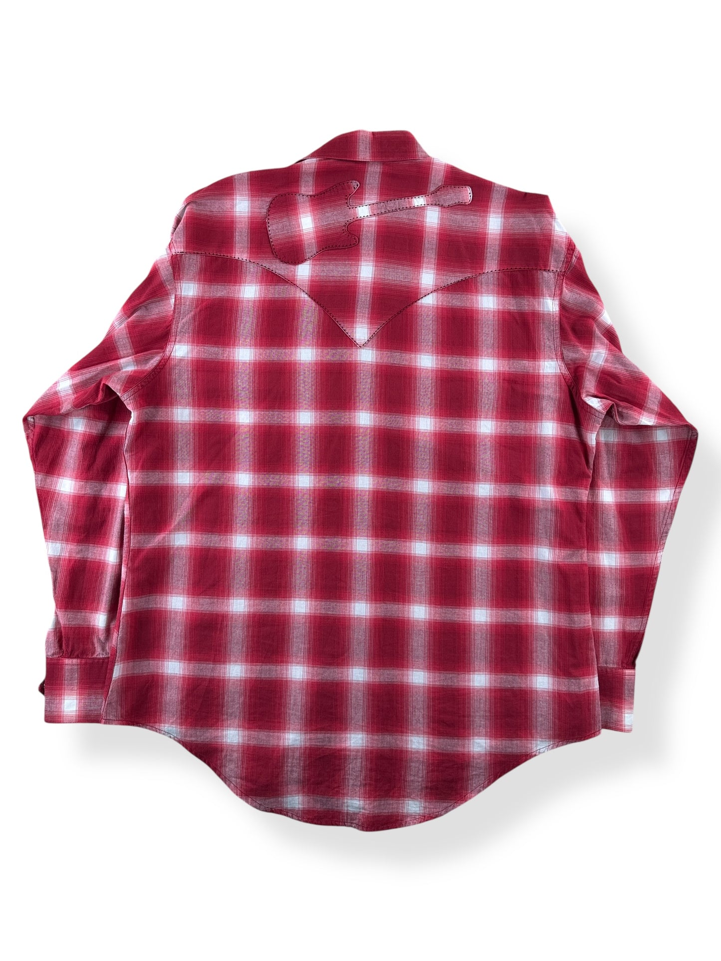 Back of Vintage Rockmount Western Wear Red Shadow Plaid Guitar Pearl Snap SZ M