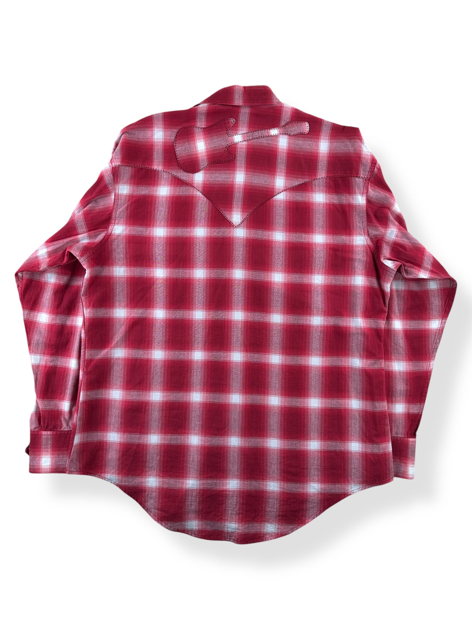 Back of Vintage Rockmount Western Wear Red Shadow Plaid Guitar Pearl Snap SZ M
