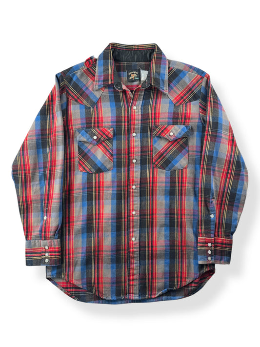 Front Close Up of Vintage Saddle King Cotton Flannel Pearlsnap SZ L