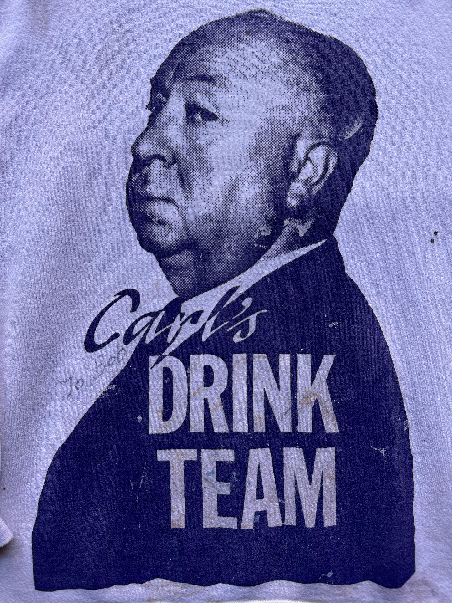 front graphic of Vintage Distressed Carl's Drink Team Hitchcock Crewneck SZ XL