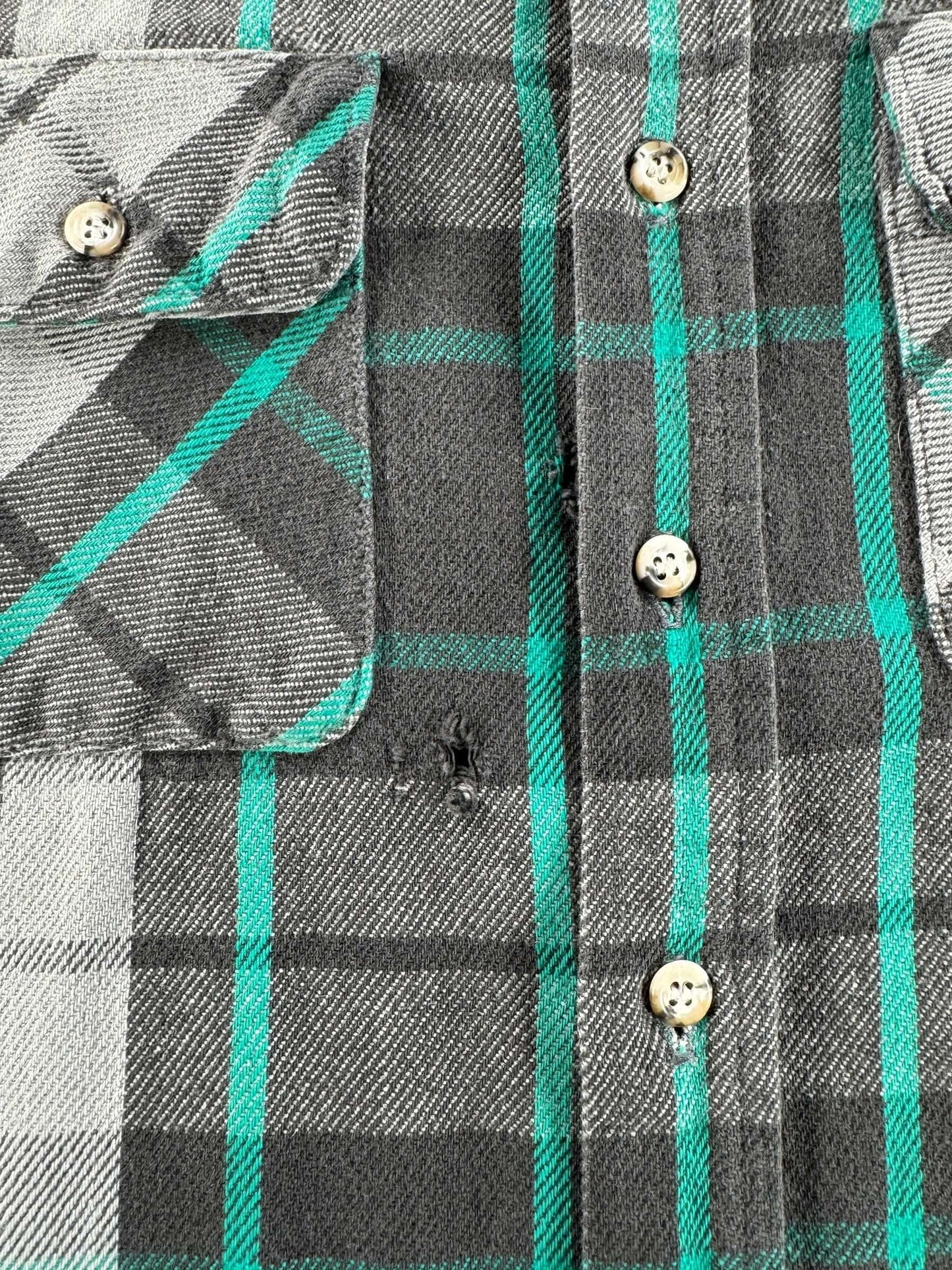 Hole on Vintage Five Brothers Grey and Green Cotton Flannel SZ XXL Tall