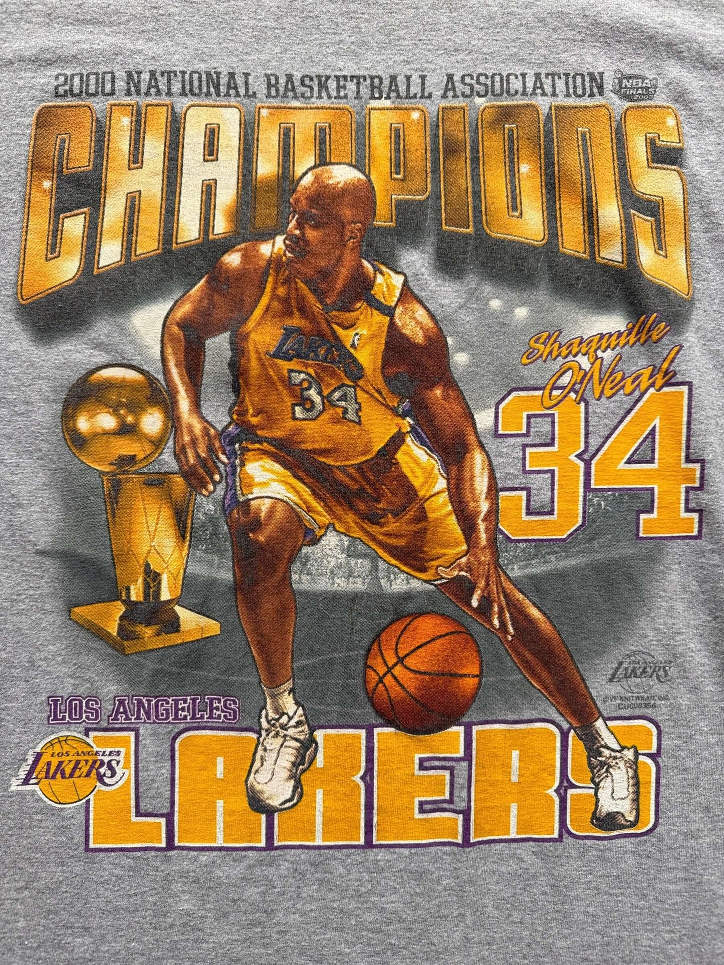 front graphic of Vintage Lakers Shaq 2000 NBA Champs Tee SZ L