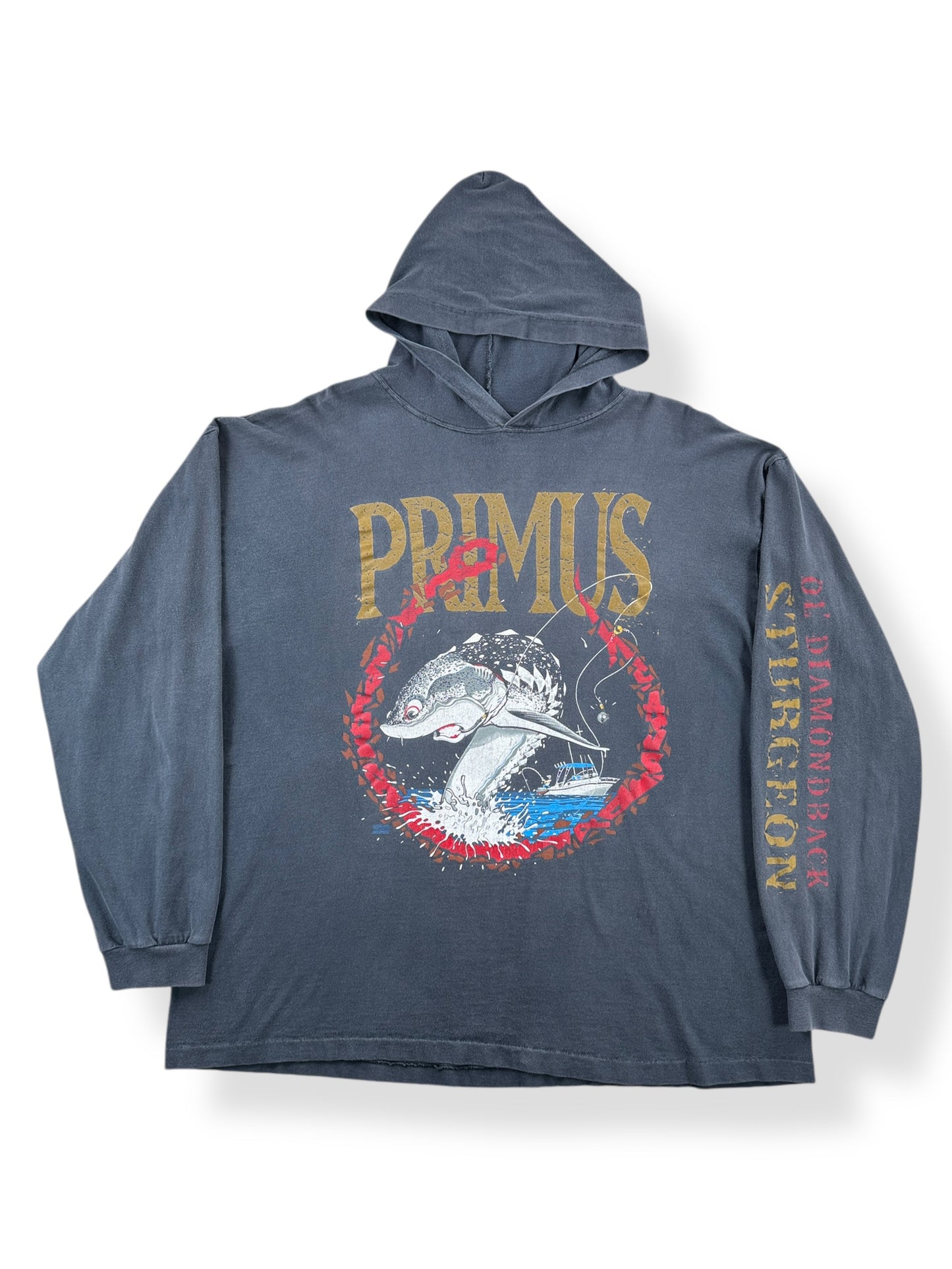 Front of Vintage Primus Ol' Diamondback Sturgeon Hooded Long Sleeve Tee SZ XL