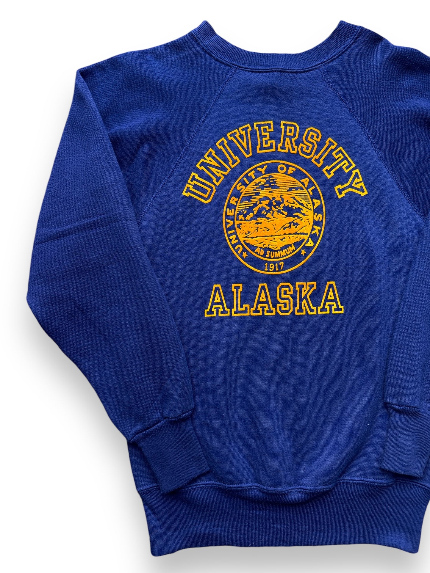 front right of Vintage University of Alaska Flocked Crewneck SZ XS